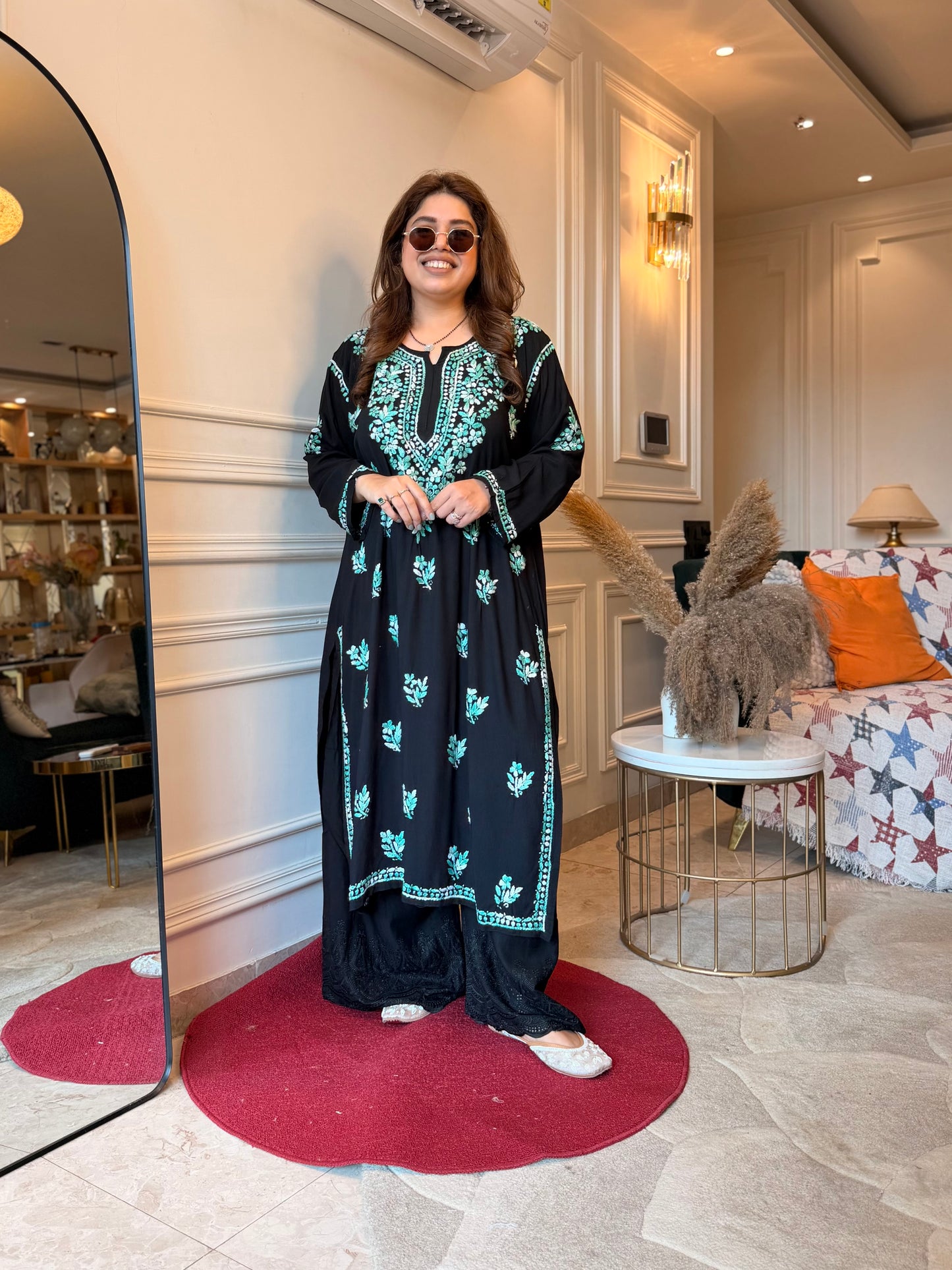 Hand Embroidered Chikankari Kurta  | Premium Cotton | Black with Teal Green