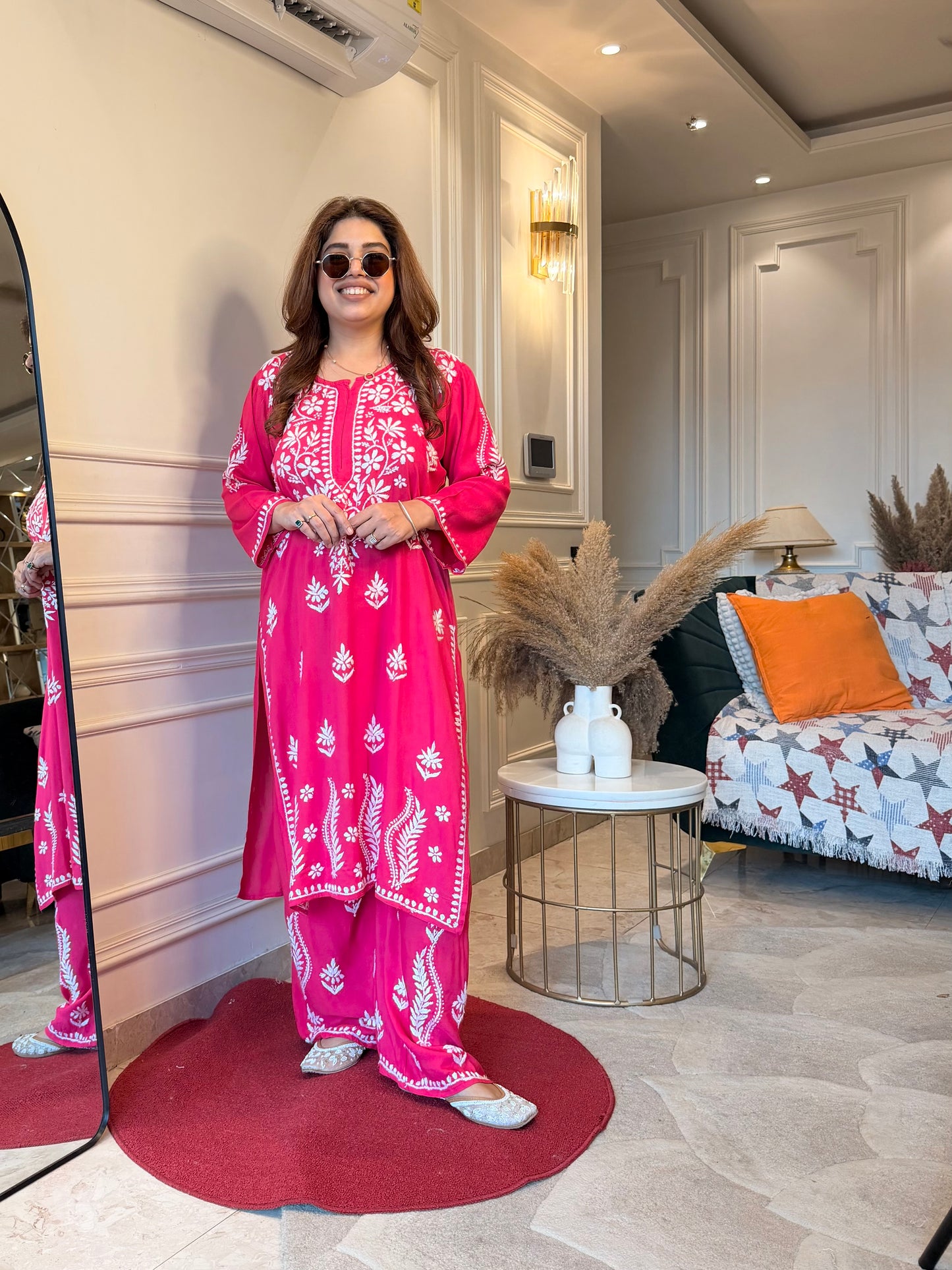 Hand Embroidered Chikankari Kurta set | Modal | Hot Pink