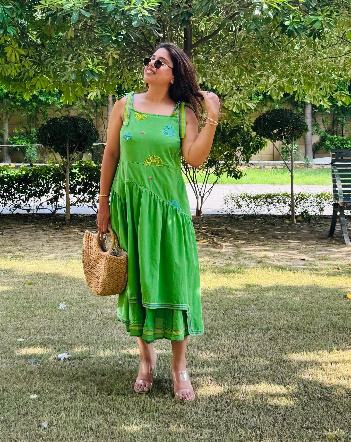 Meadow Glow Tiered Green Cotton Dress