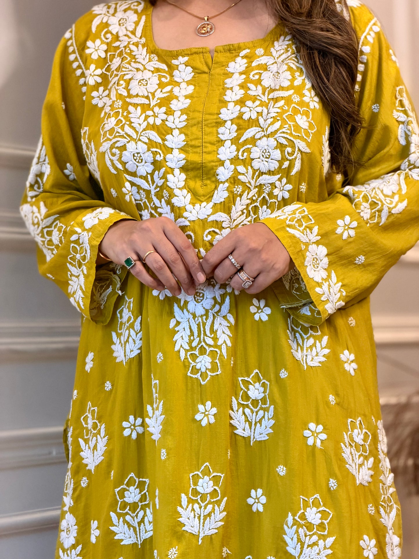 Hand embroidered 3D Chikankari Kurta set | Premium Modal| Olive Green