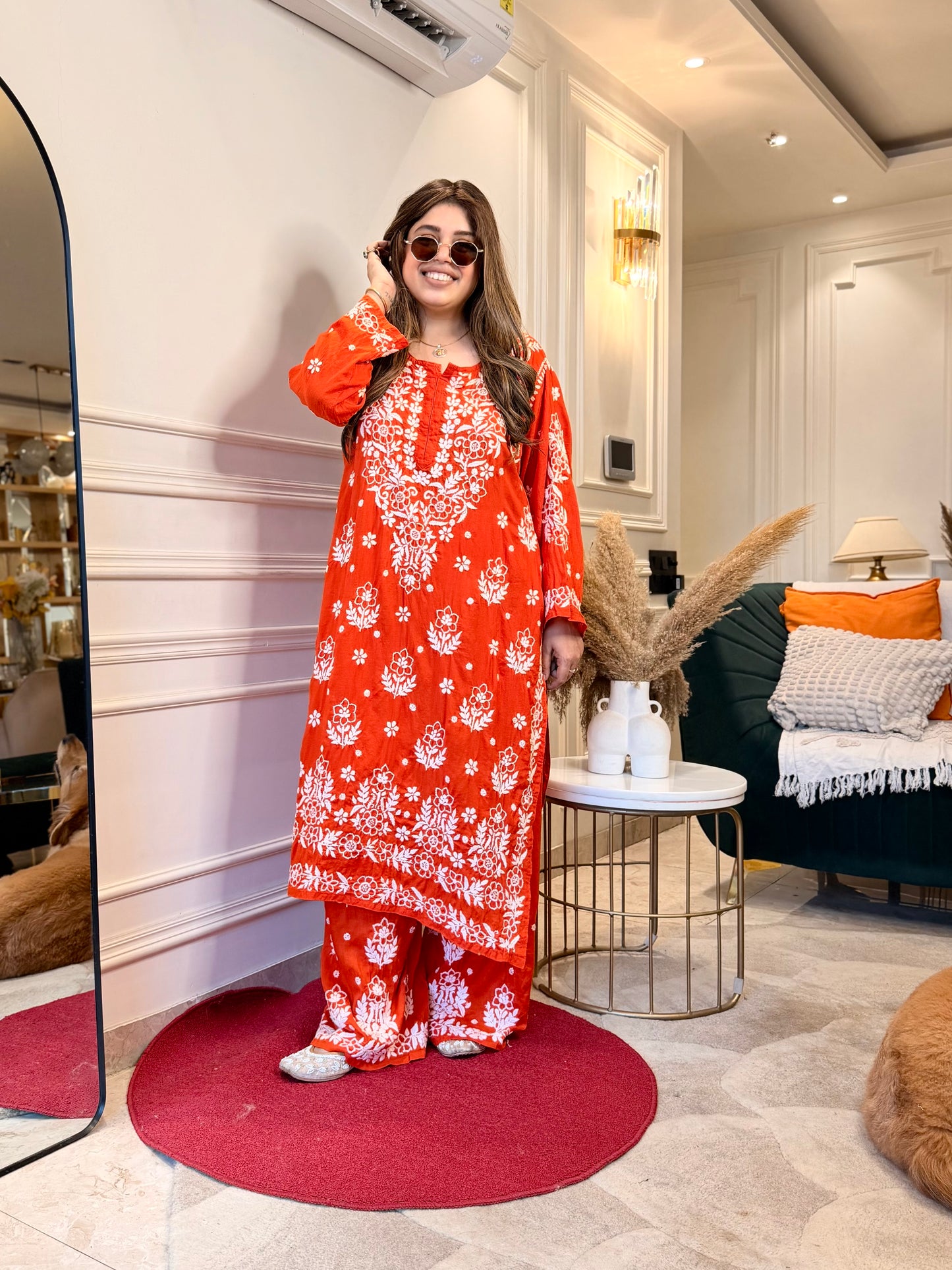 Hand embroidered 3D Chikankari Kurta set | Premium Modal| Orange