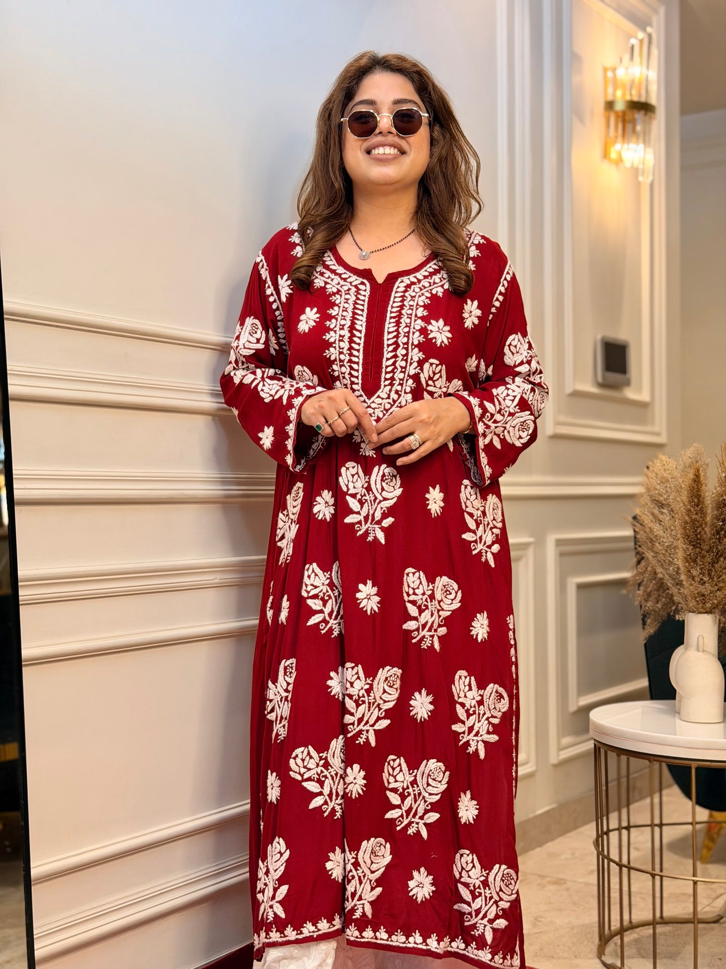 Hand Embroidered 3D Chikankari Kurta | Premium Modal | Mahroon