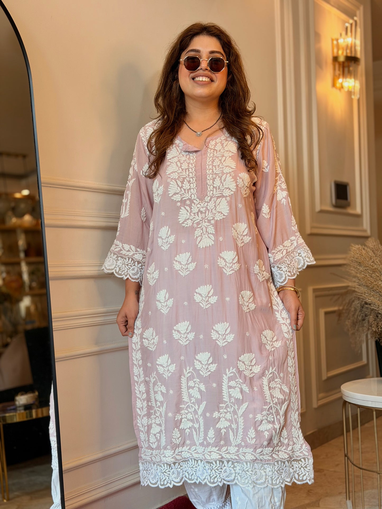 Hand embroidered 6D Chikankari Kurta | Mul Chanderi | Nude Pink