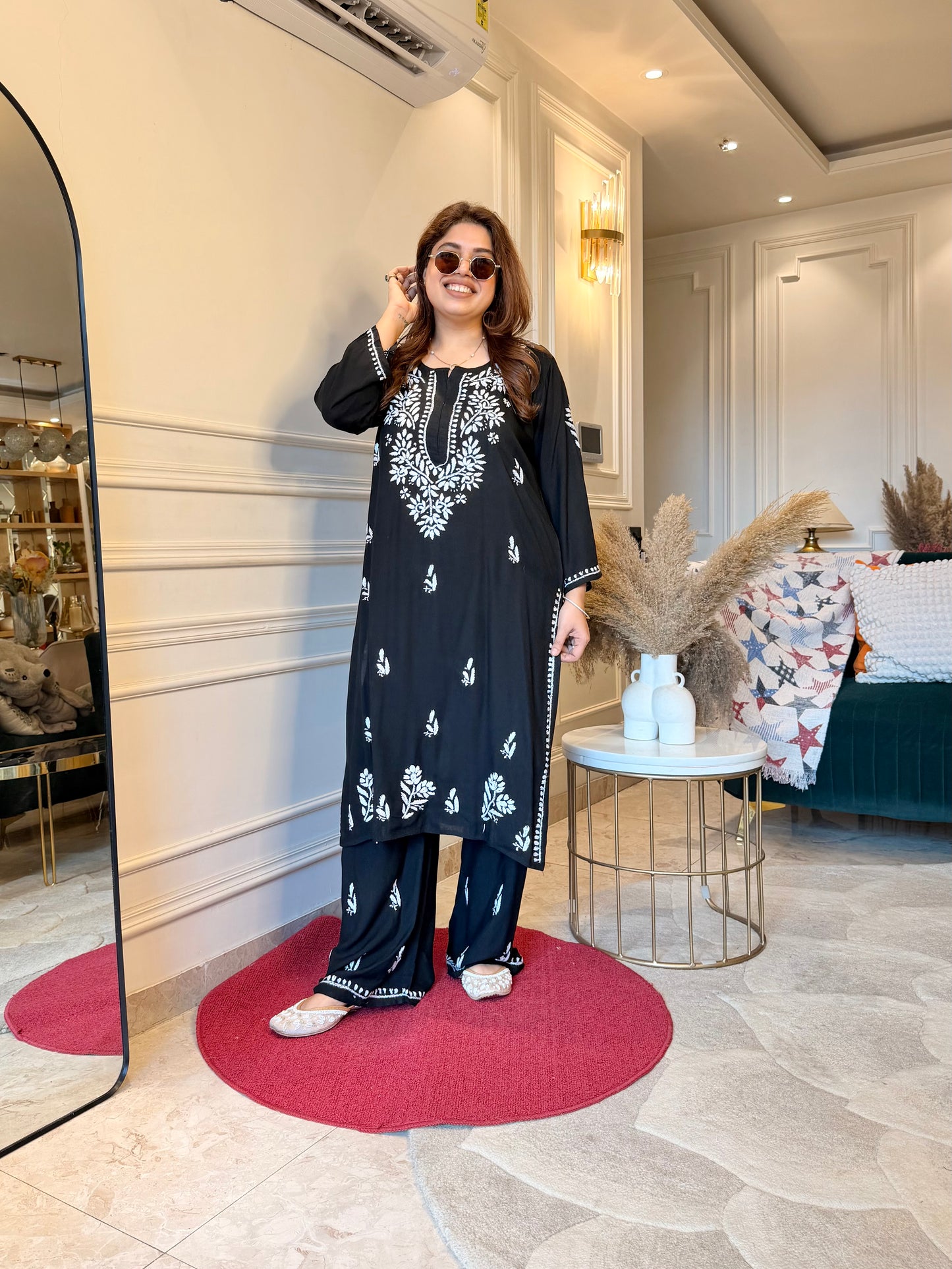 Hand Embroidered Chikankari Kurta set | Modal | Black