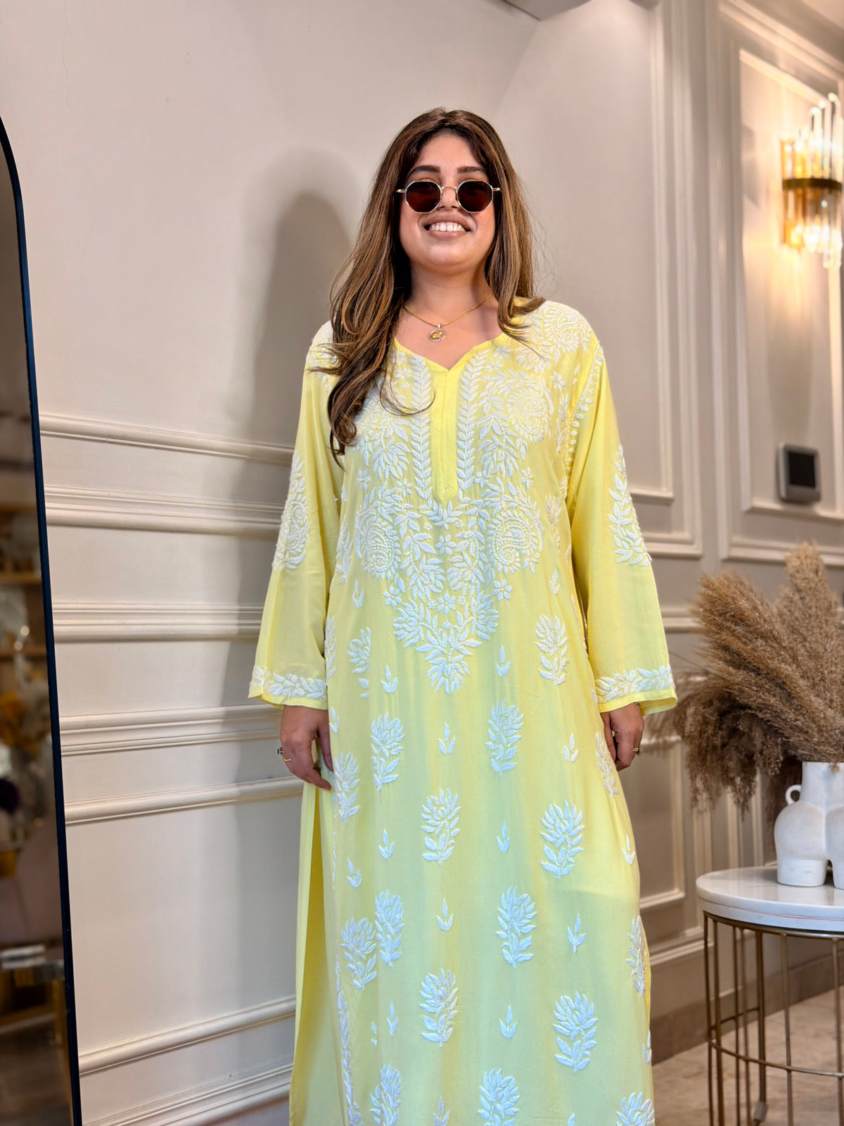3d Hand Embroidered Chikankari Kurta set | Premium Modal | Lemon Yellow