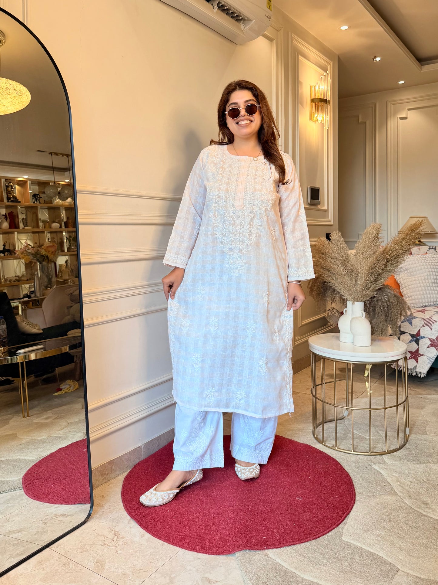 Hand Embroidered Chikankari Kurta Set - Kota Doriya Fabric | Peach