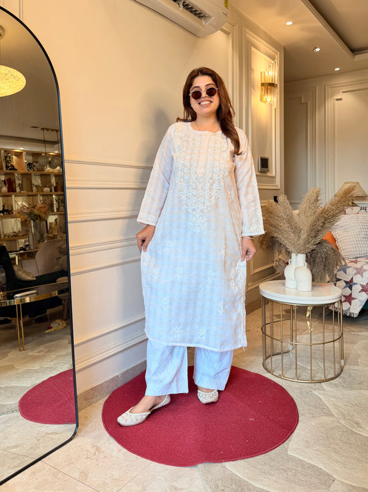 Hand Embroidered Chikankari Kurta Set - Kota Doriya Fabric | Peach