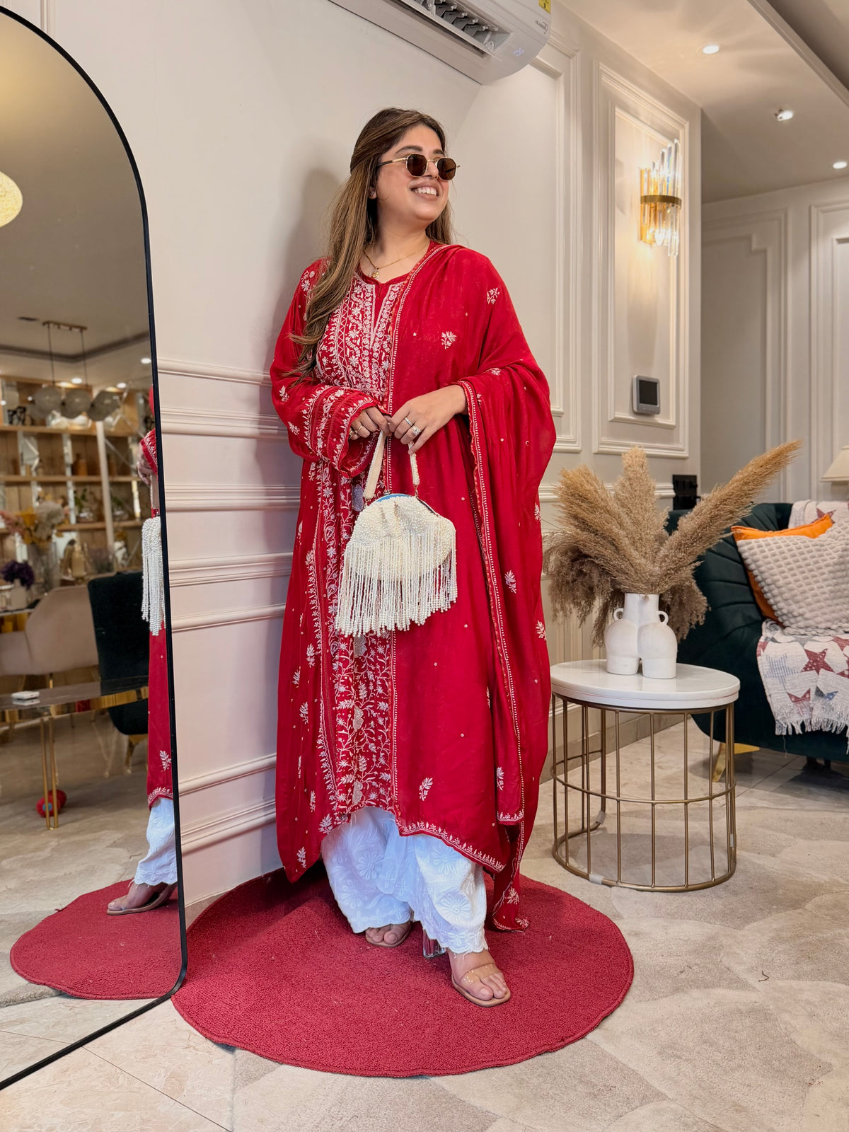 Luxe Hand Embroidered Chikankari Kurta & Duppta | Premium Soft Muslin | Red