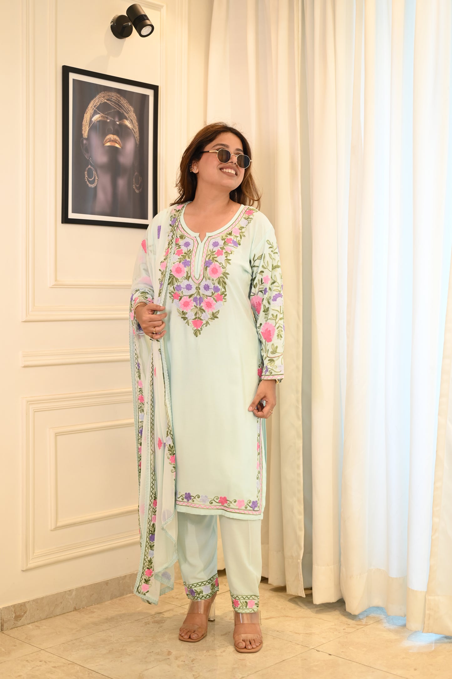 Elegant Frozi Blue Floral Embroidered Suit