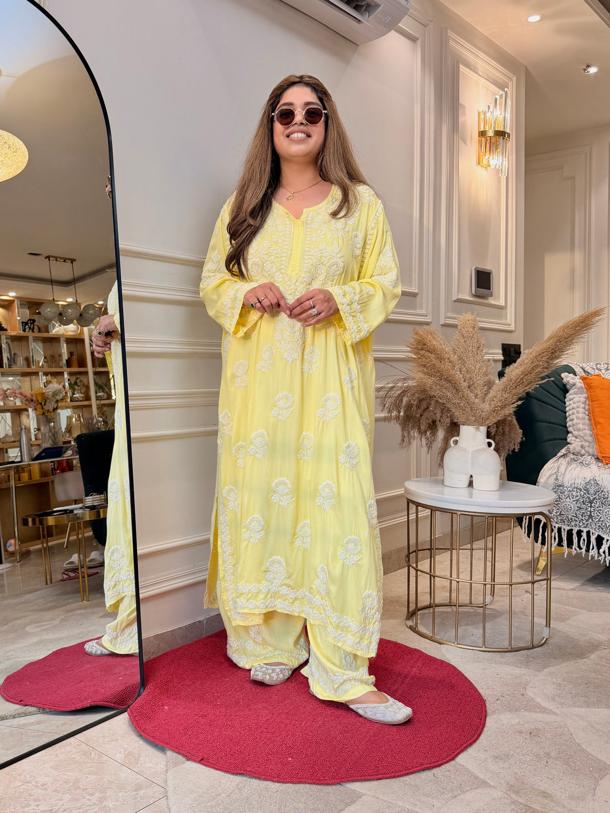 3D Hand Embroidered Chikankari Kurta set | Premium Modal Satin | Butter Yellow