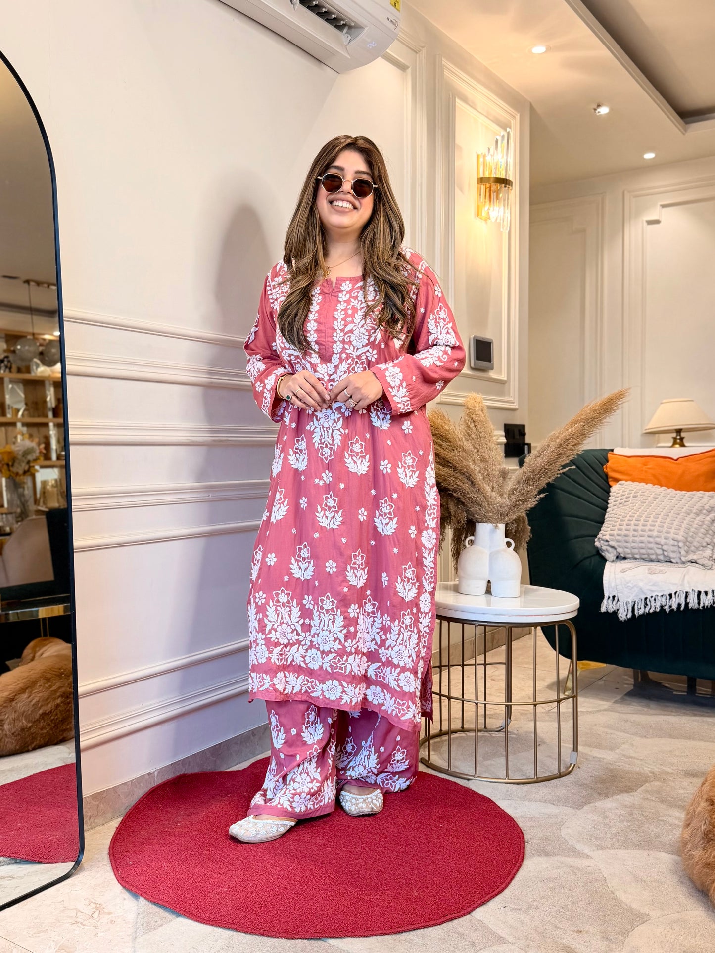 Hand embroidered 3D Chikankari Kurta set | Premium Modal| Dusty Rose