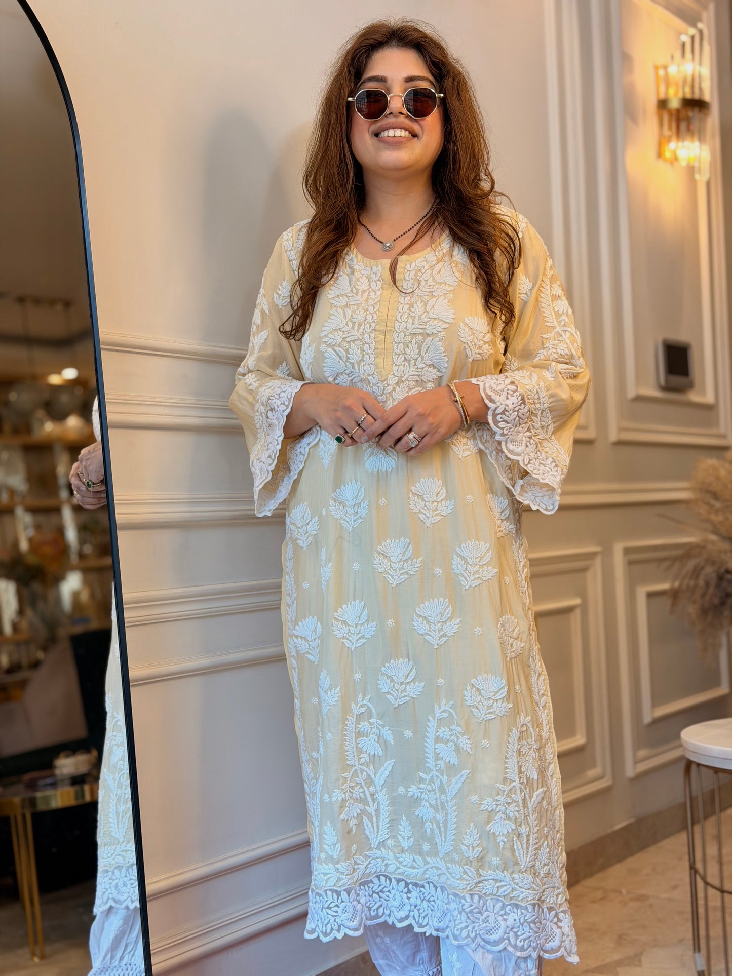 Hand embroidered 6D Chikankari Kurta | Mul Chanderi | Ivory