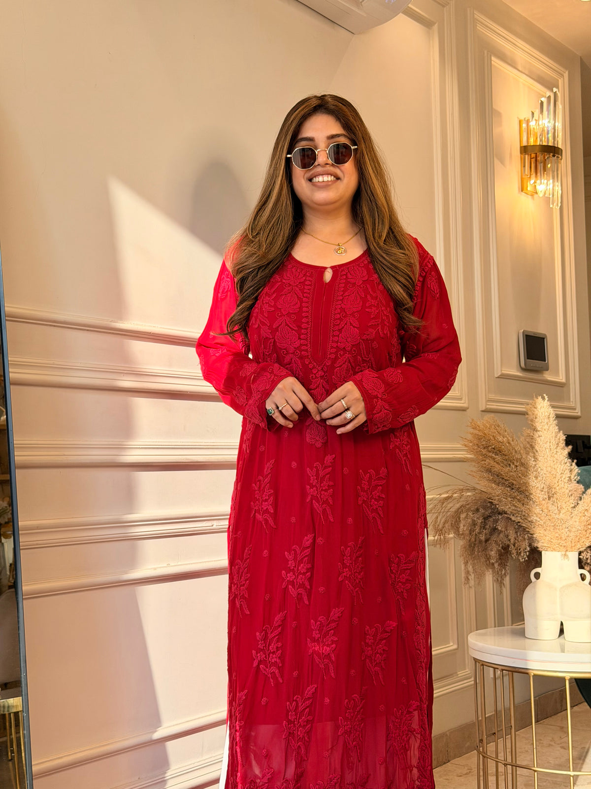 Hand Embroidered 3DChikankari Kurta  | Viscose | Cherry Red