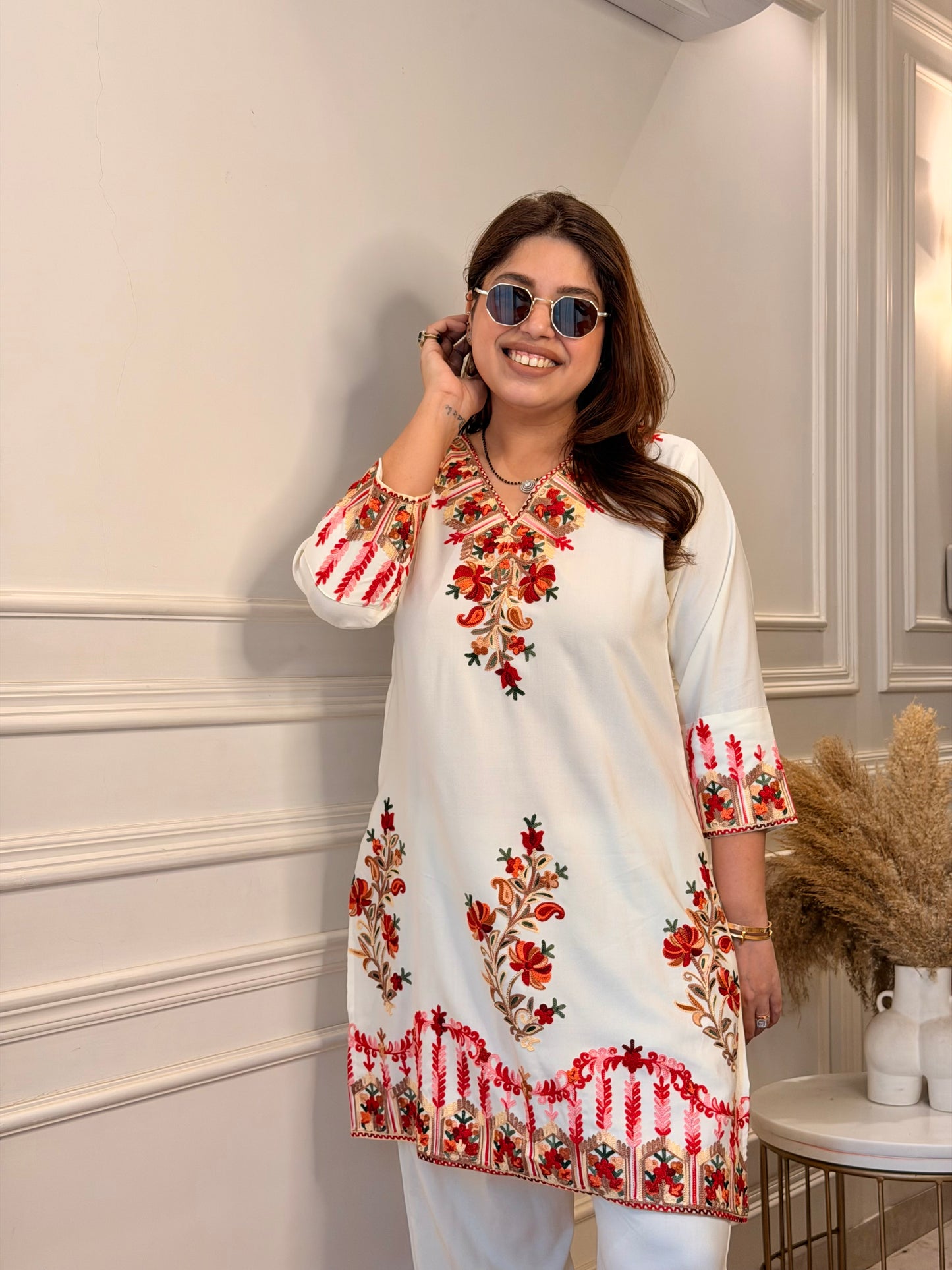 Cotton Kashmiri Emberoried Cordset- Cream colour