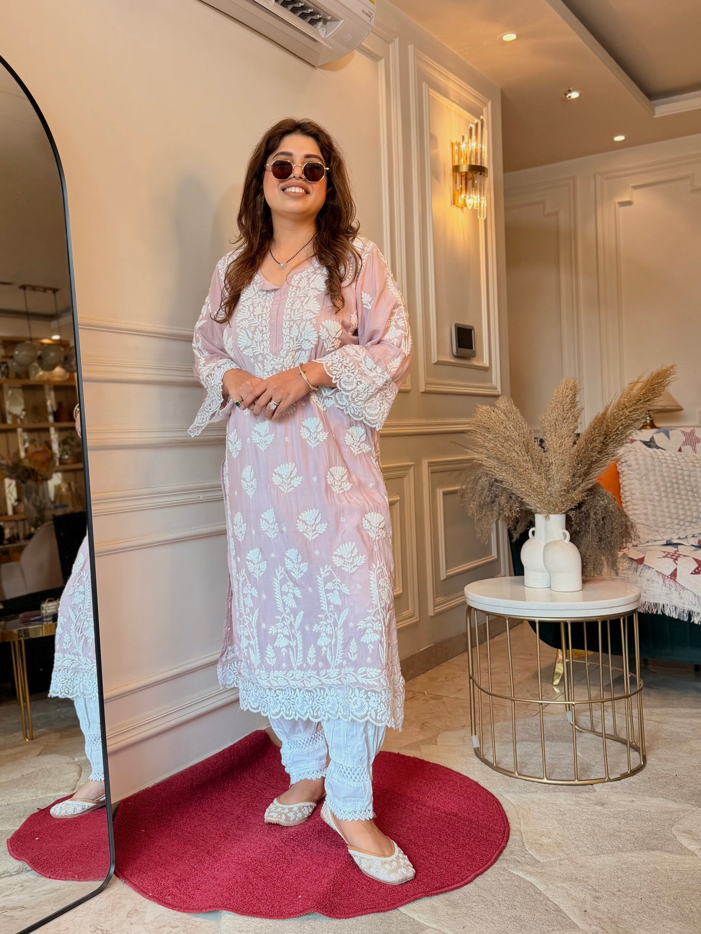 Hand embroidered 6D Chikankari Kurta | Mul Chanderi | Nude Pink