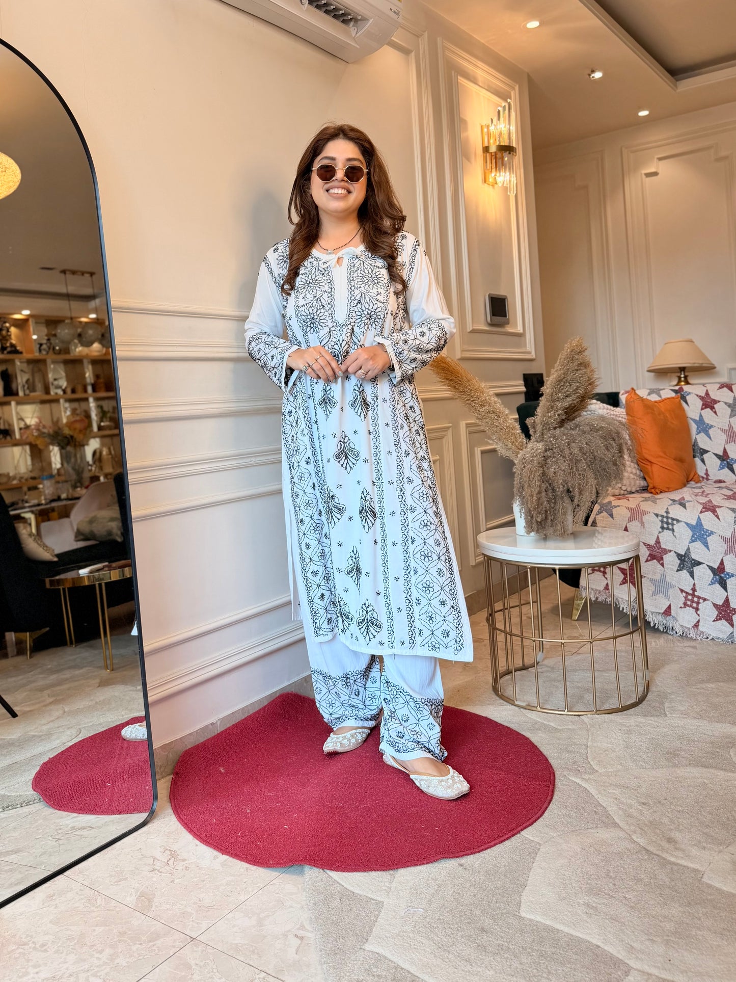 Hand embroidered Chikankari Kurta Set |Premium Soft Cotton | White with Black