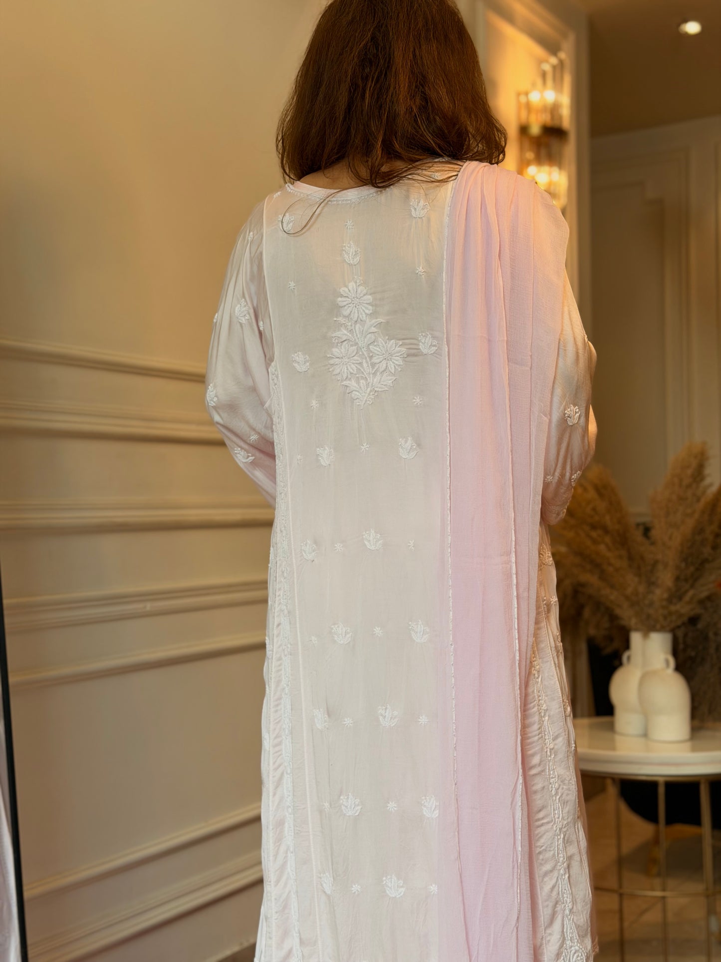 Hand Embroidered 3D Chikankari 3 Piece Kurta set | Modal Satin Silk  | Baby Pink
