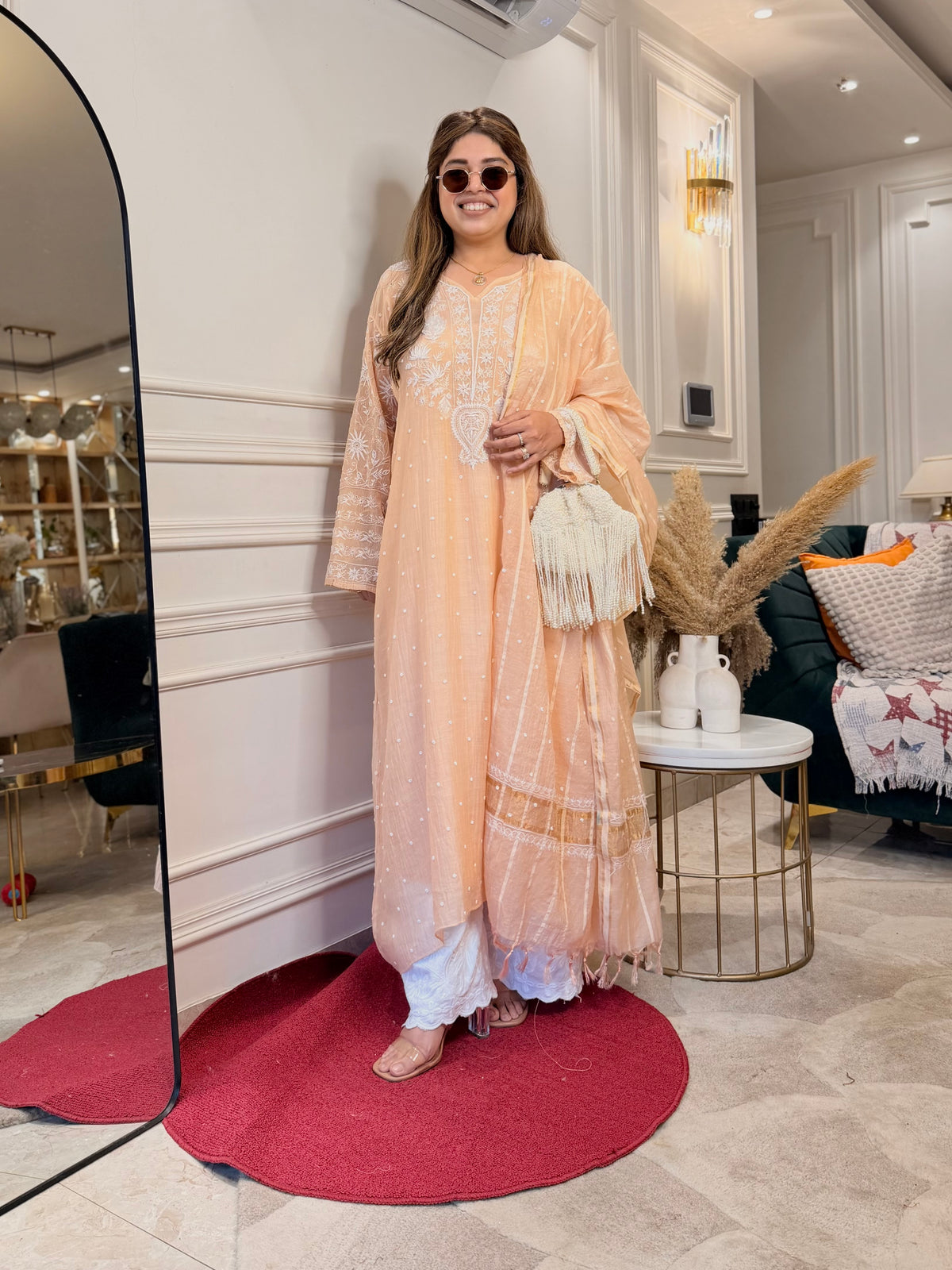 Premium Hand Embroidered Chikankari Kurta & Duppta | Mul Chanderi | Peach