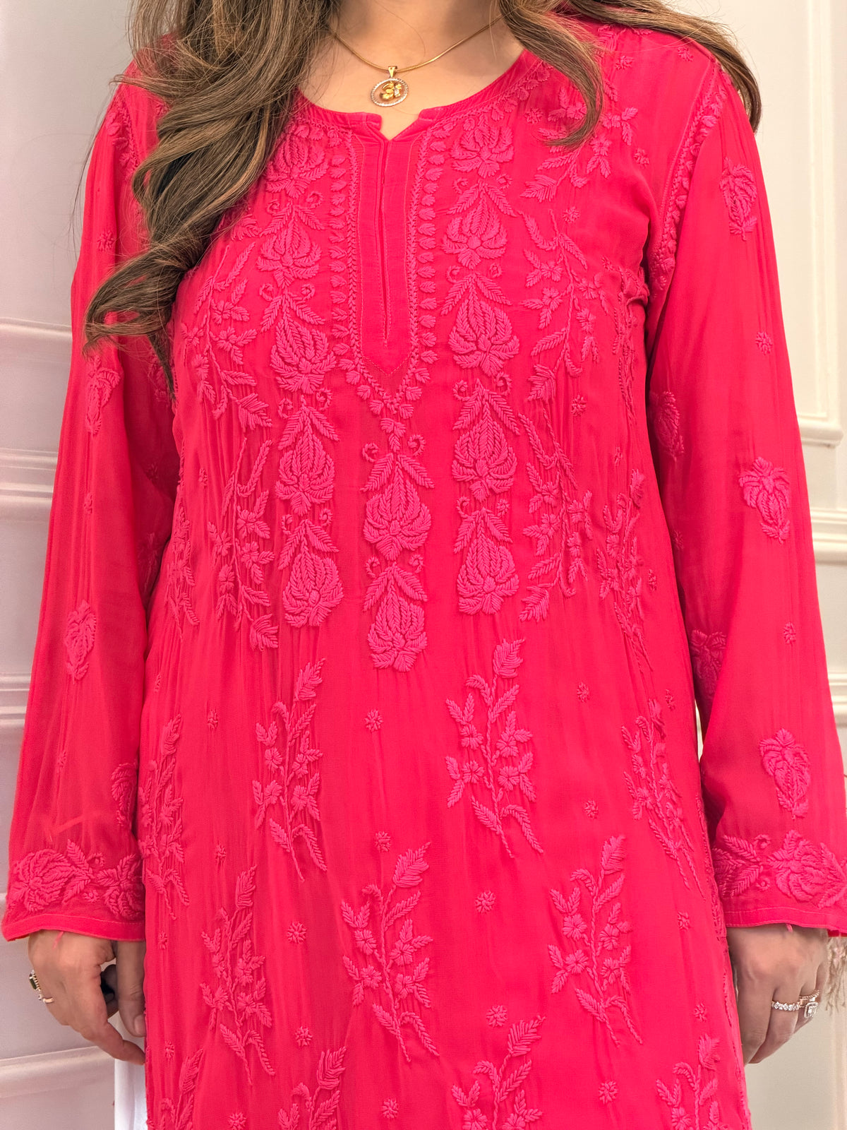 Hand Embroidered 3DChikankari Kurta  | Viscose | Hot Pink