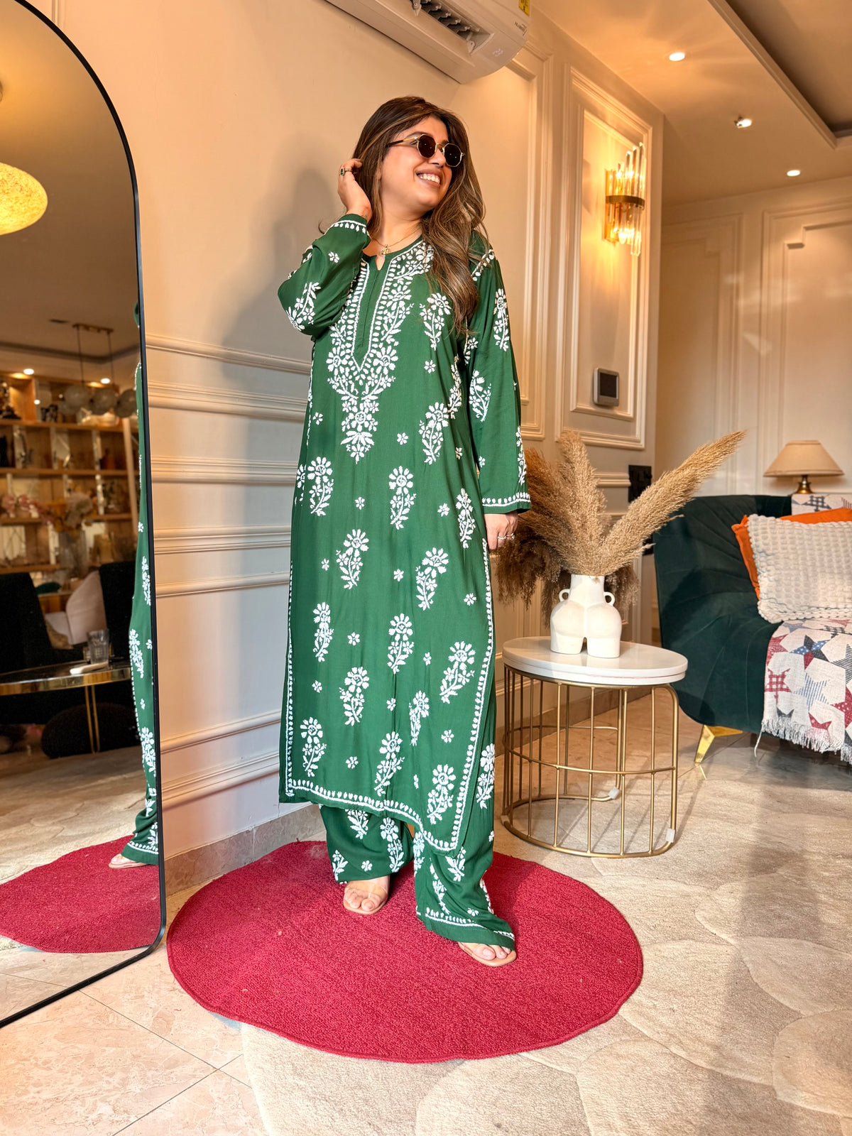 Hand Embroidered 3D Chikankari Kurta set | Premium Modal | Emerald Green