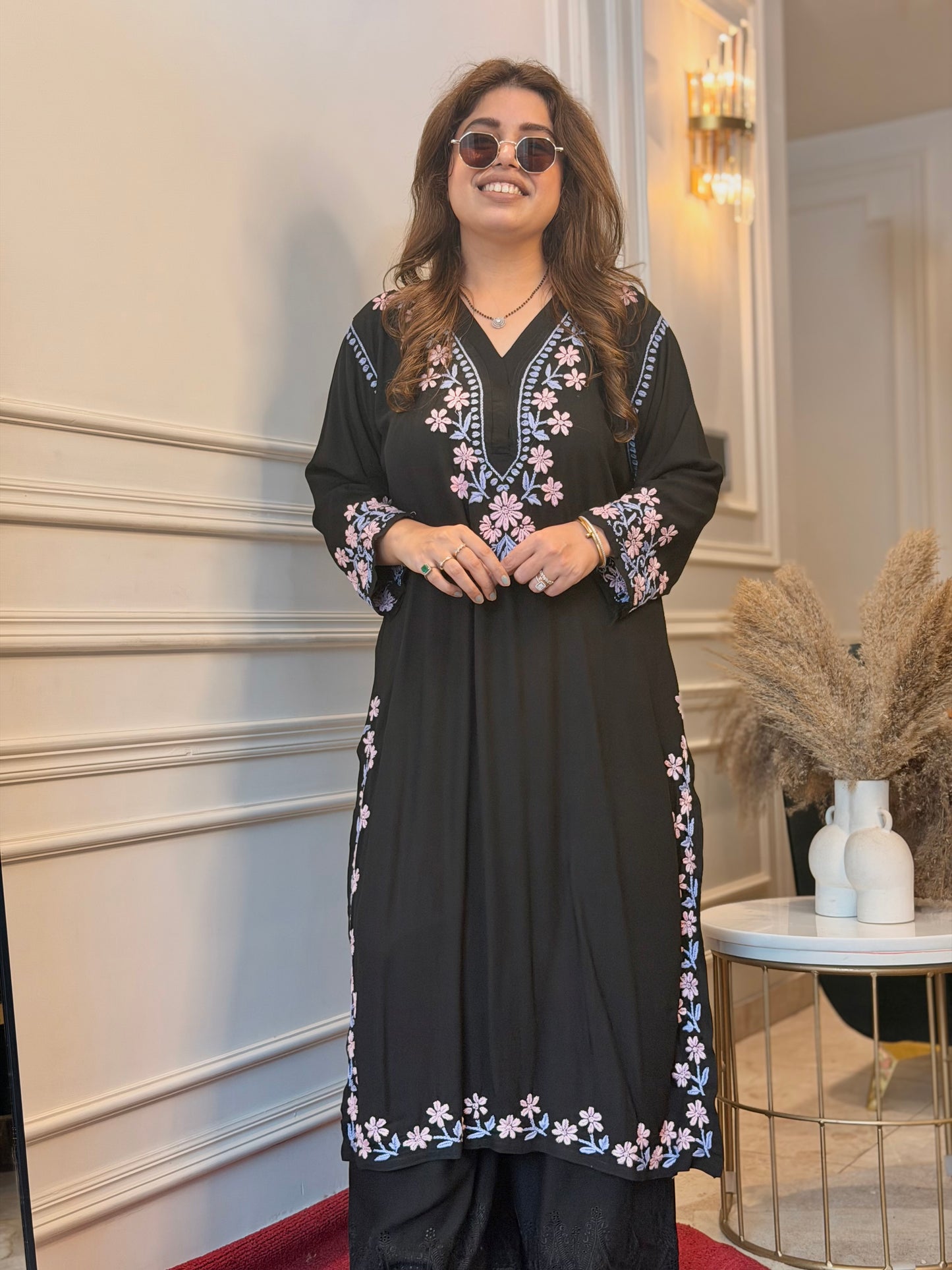 Hand Embroidered 3D Chikankari Kurta | Modal | Black with Purple Pink