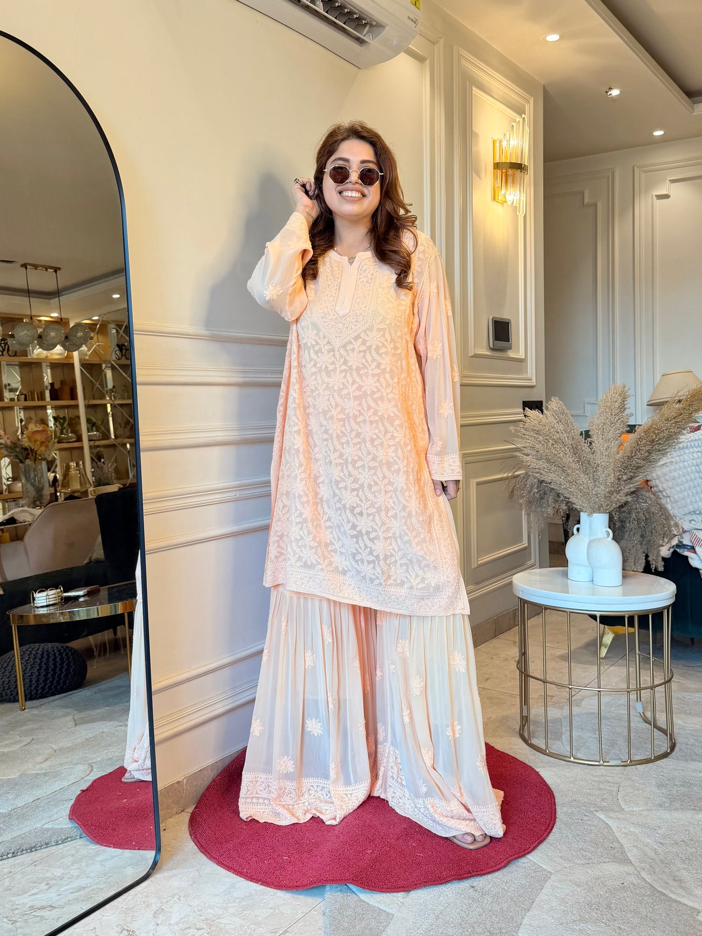 Delicate Full Zaal Hand Embroidered Chikankari Sharara set | Viscose | Peach