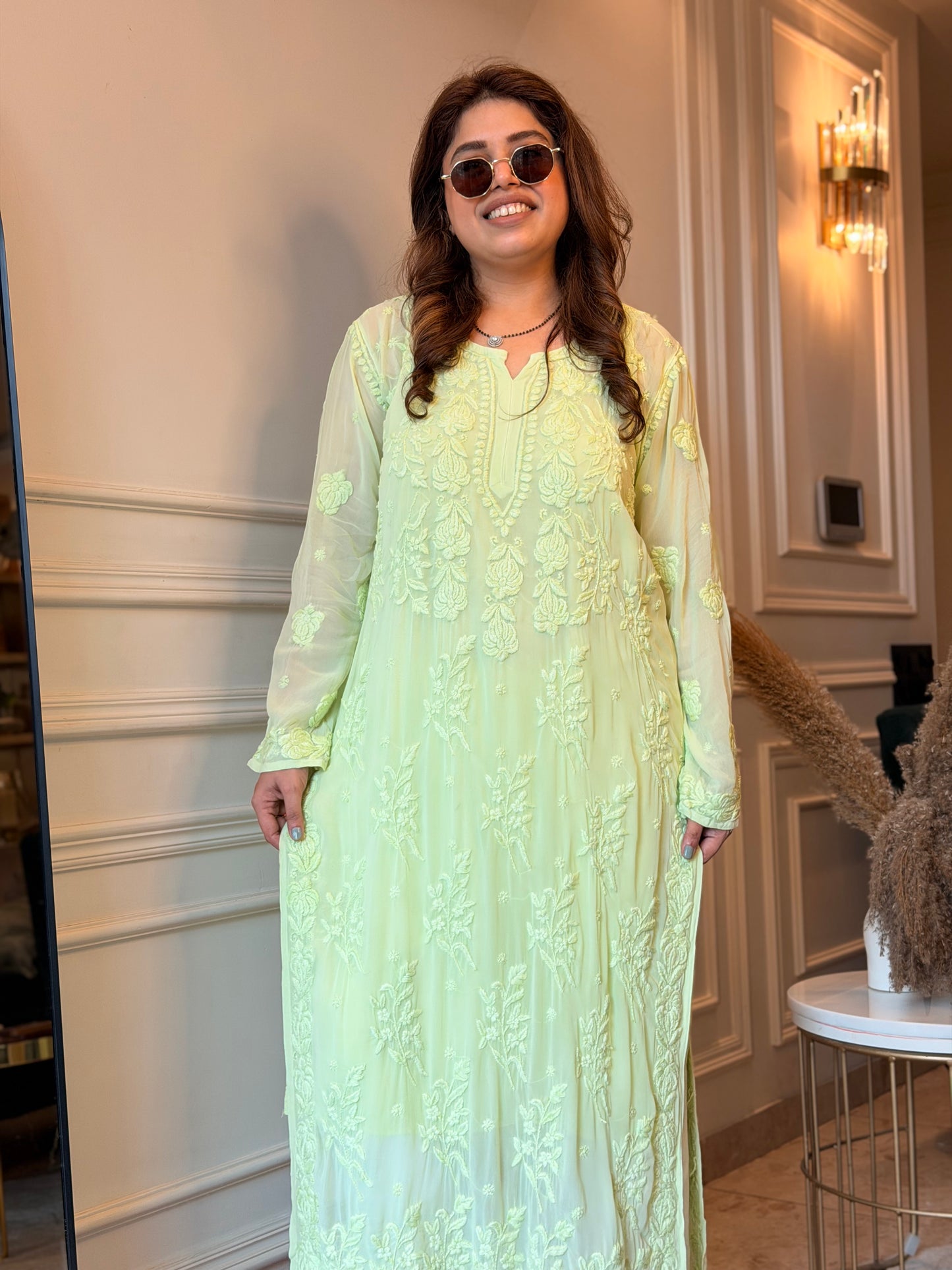 Hand Embroidered 3DChikankari Kurta  | Viscose | Pista Green