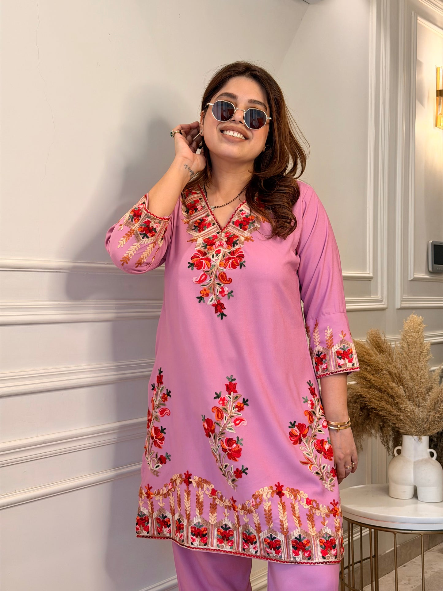 Cotton Kashmiri Emberoried Cordset- Gajri Colour