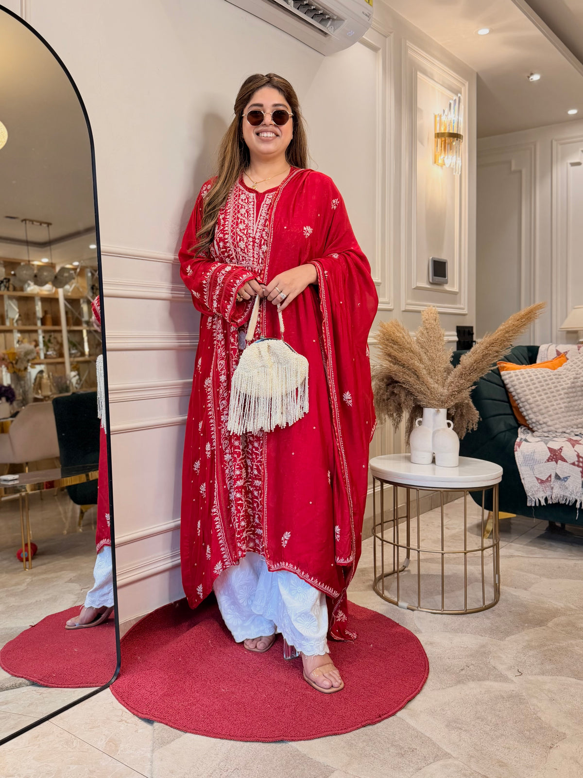 Luxe Hand Embroidered Chikankari Kurta & Duppta | Premium Soft Muslin | Red