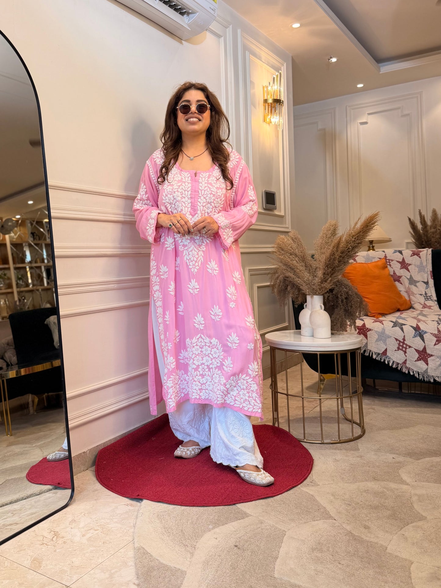Hand Embroidered 6D Chikankari Kurta | Modal | Pink