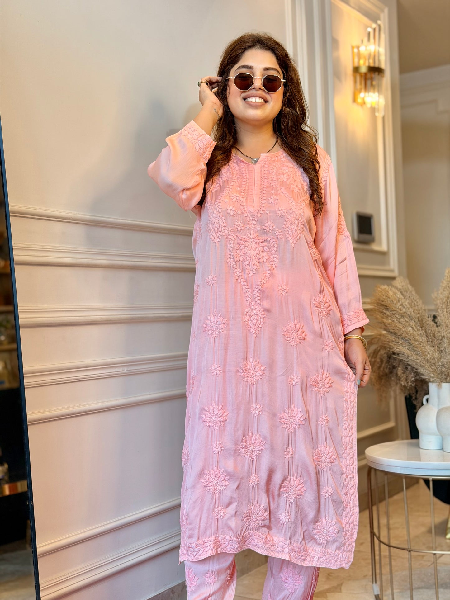 Hand Embroidered Chikankari Kurta set | Modal Satin Silk | Peach