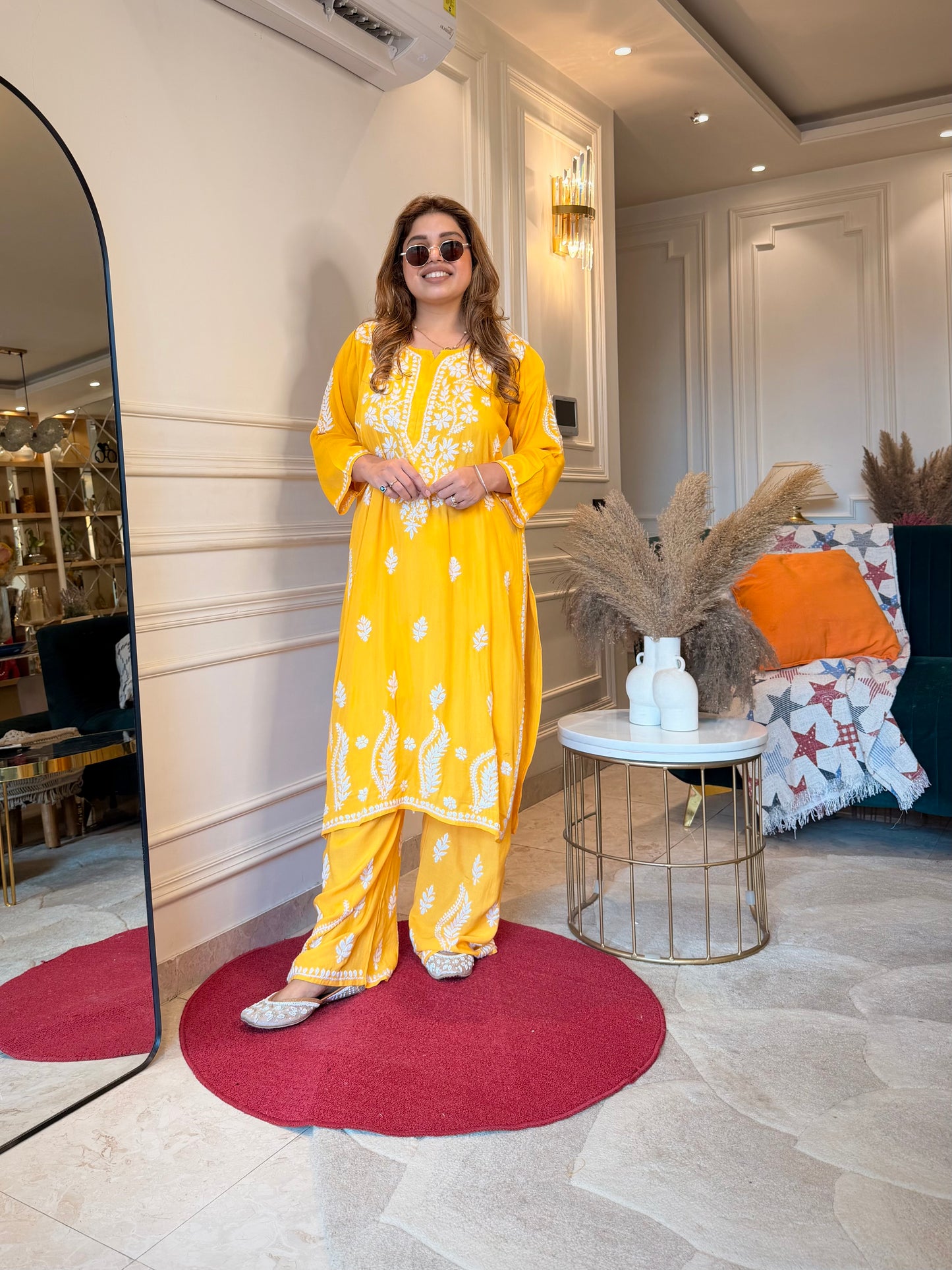 Hand Embroidered Chikankari Kurta set | Modal cotton | Mustard Yellow