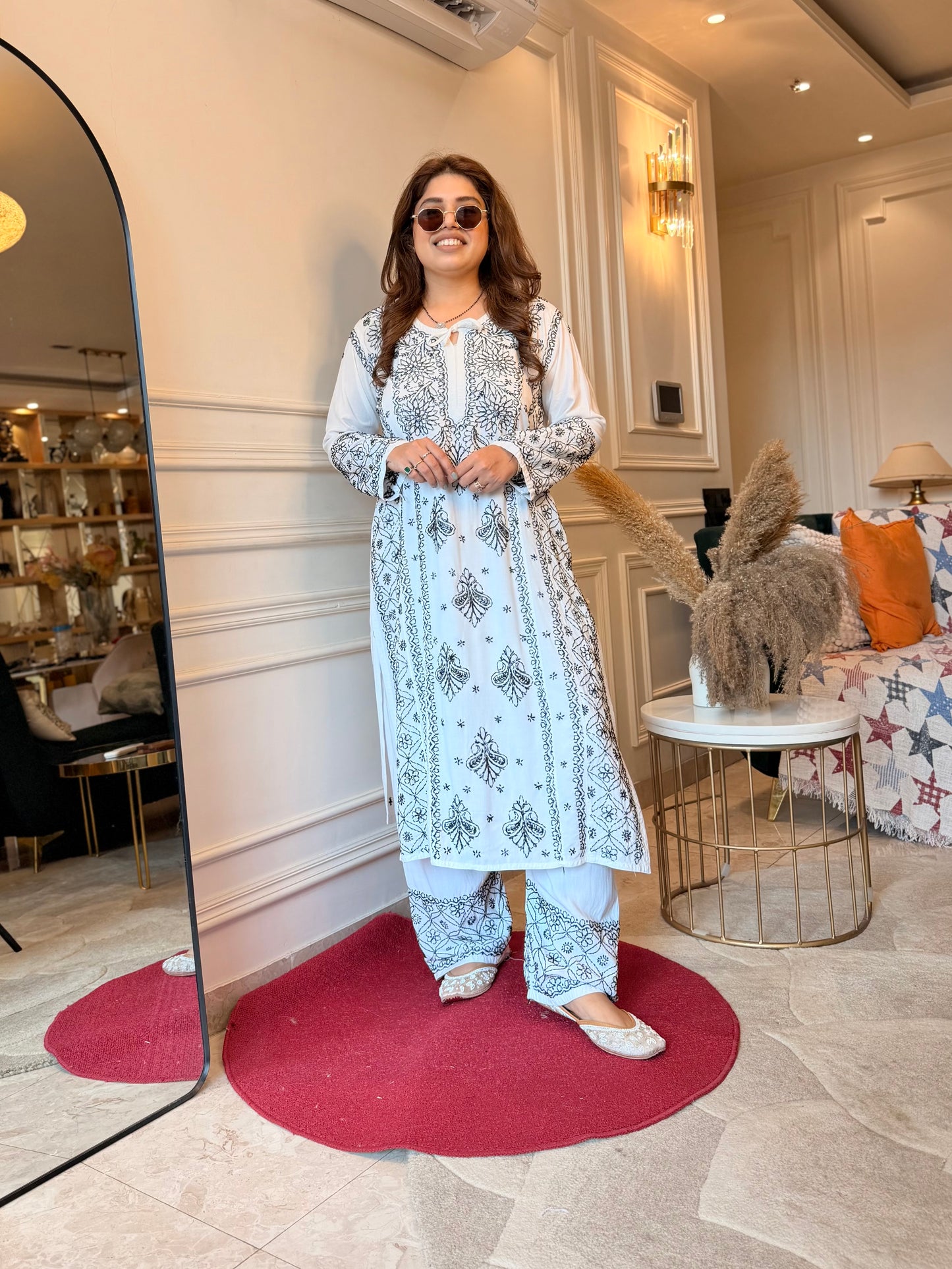 Hand embroidered Chikankari Kurta Set |Premium Soft Cotton | White with Black