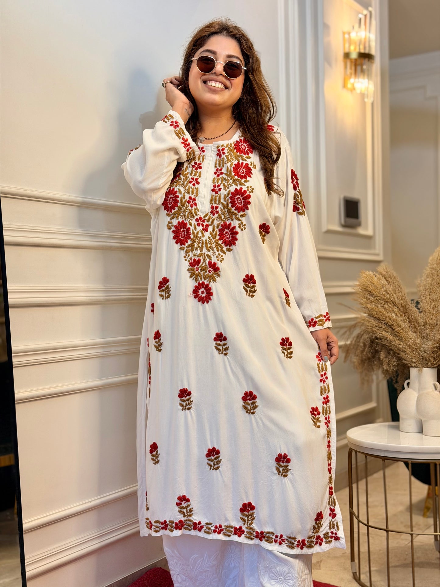 Hand embroidered Chikankari Kurta | Premium Cotton | White with Red with Brown