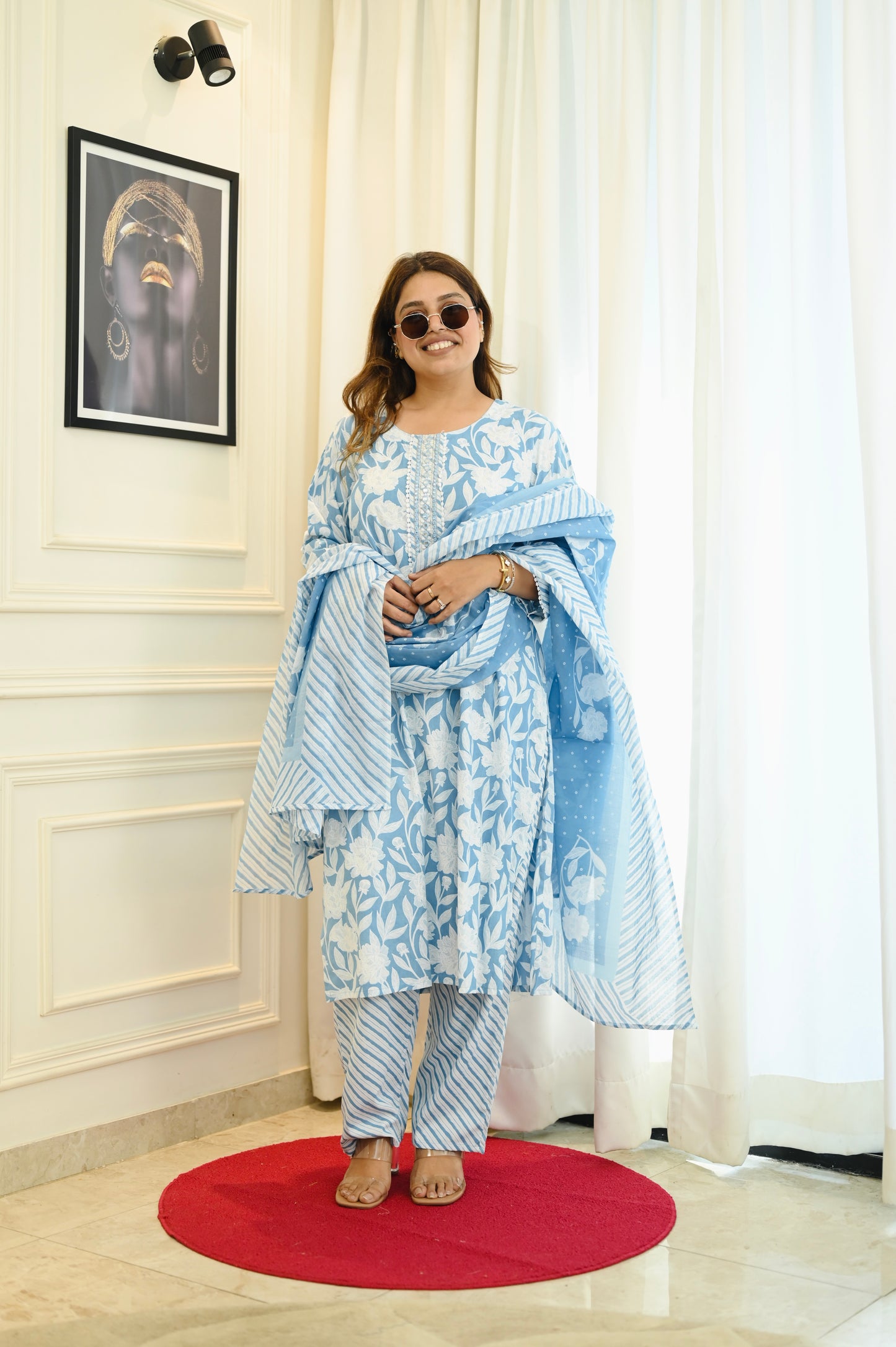 Elegant Frozi Blue Handblock Cotton Suit Set | Plus Size 3XL-6XL
