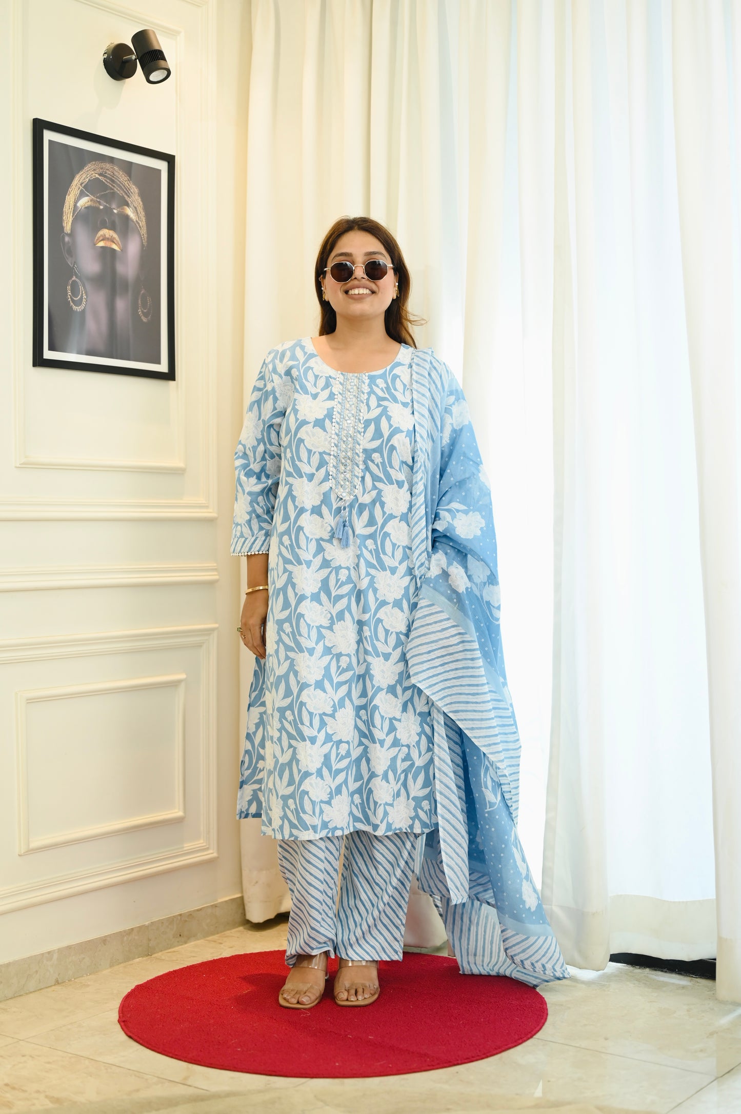 Elegant Frozi Blue Handblock Cotton Suit Set | Plus Size 3XL-6XL