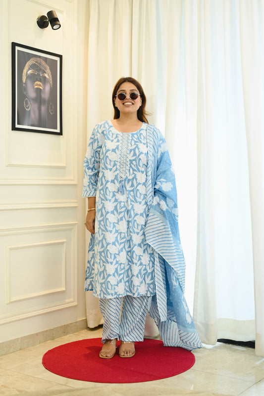 Elegant Frozi Blue Handblock Cotton Suit Set | Plus Size 3XL-6XL