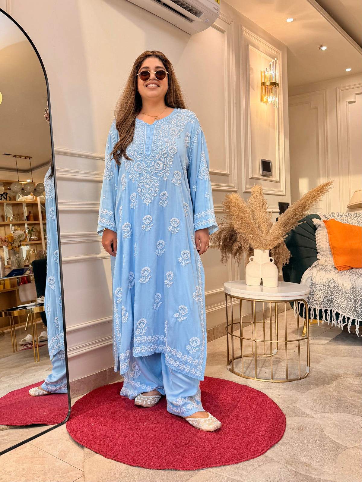 3D Hand Embroidered Chikankari Kurta set | Premium Modal Satin | Powder Blue