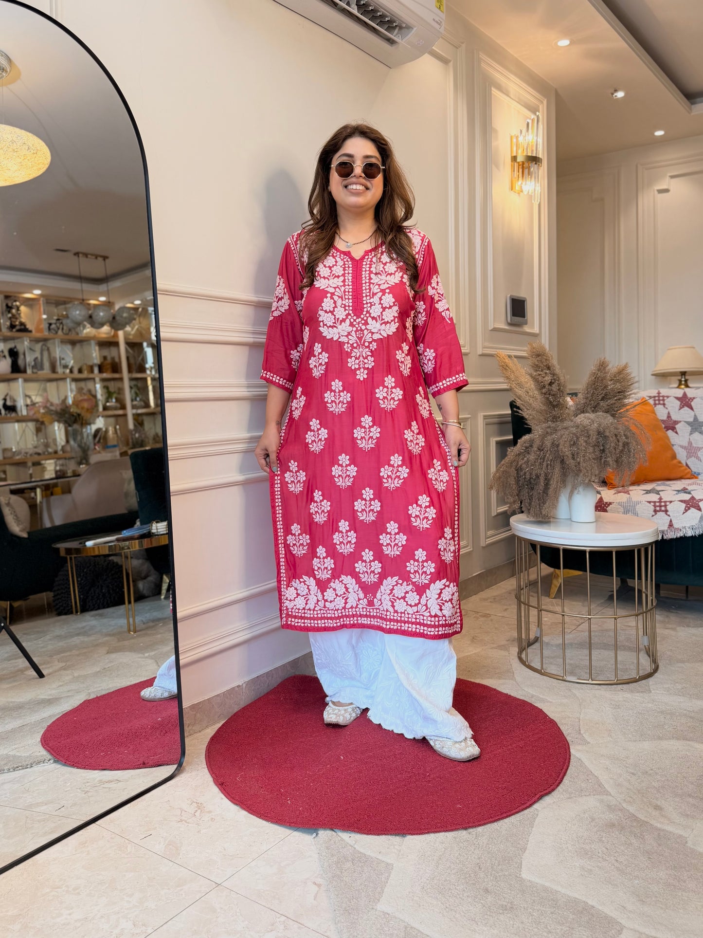 Hand Embroidered 3DChikankari Kurta  | Mul Chanderi | Rose Pink