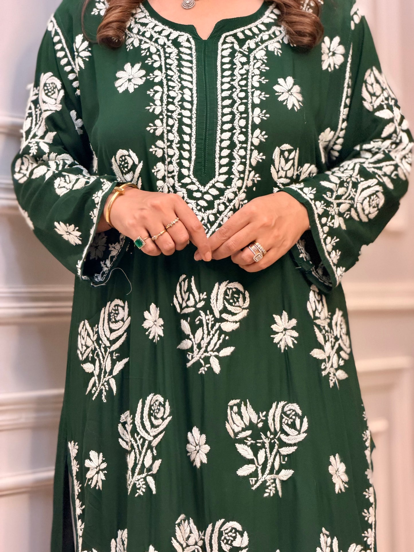 Hand Embroidered 3D Chikankari Kurta | Premium Modal | Emerald