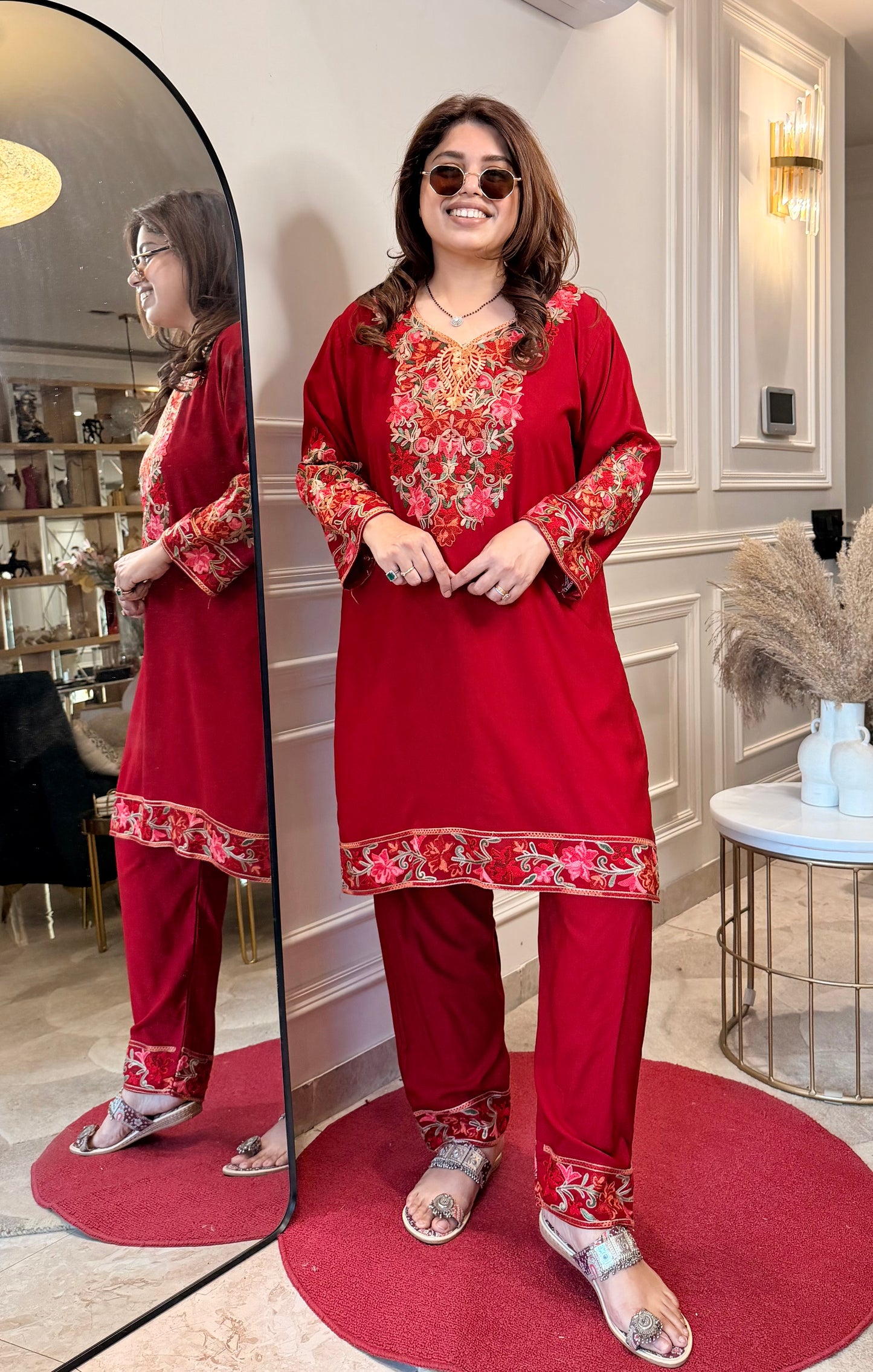 Cotton Kashmiri Emberoried Cordset- Red colour