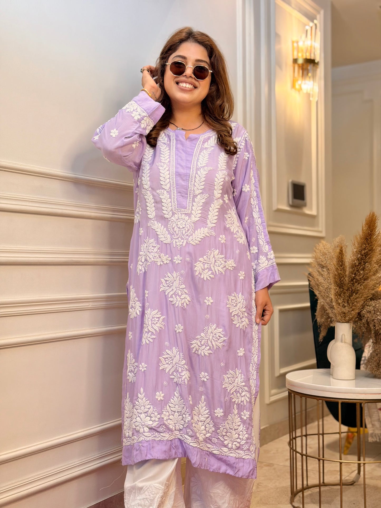 Hand Embroidered Chikankari Kurta Set | Premium Mul Chanderi | Lavender