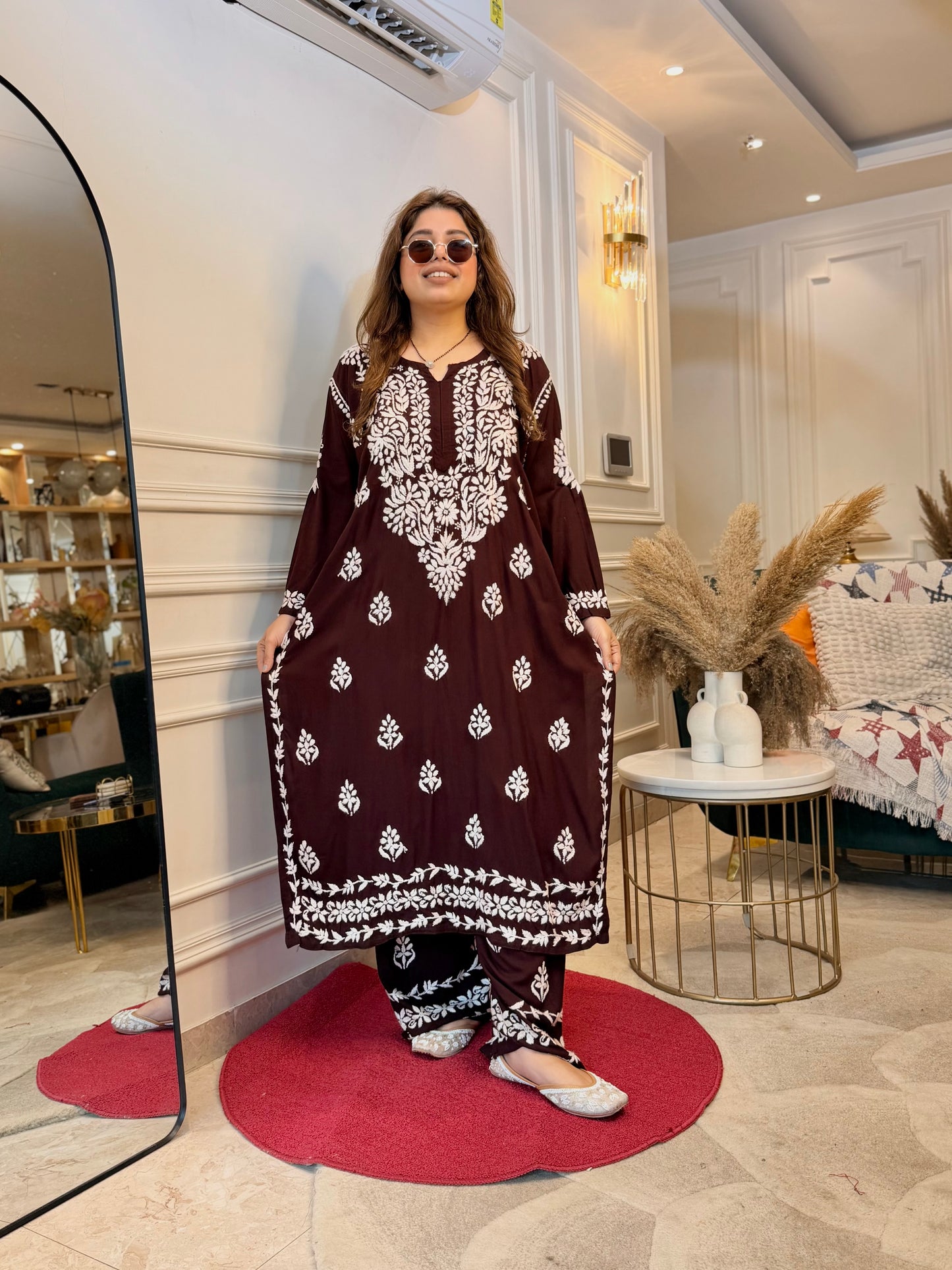 Hand Embroidered Chikankari Kurta set | Modal  | Chocolate Brown