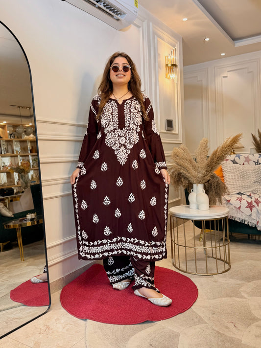 Hand Embroidered Chikankari Kurta set | Modal  | Chocolate Brown