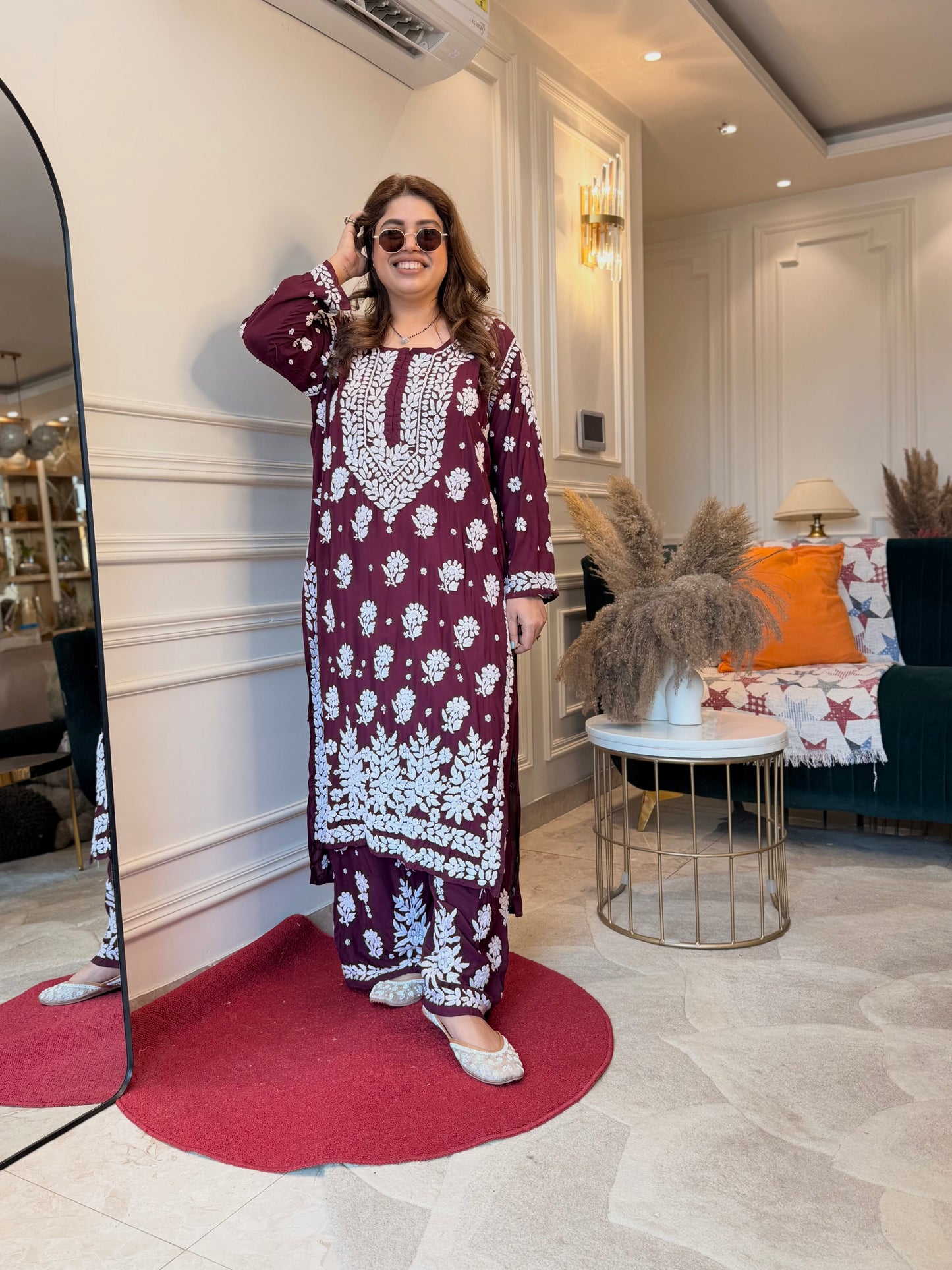 Hand Embroidered 3DChikankari Kurta set | Modal  | Maroon