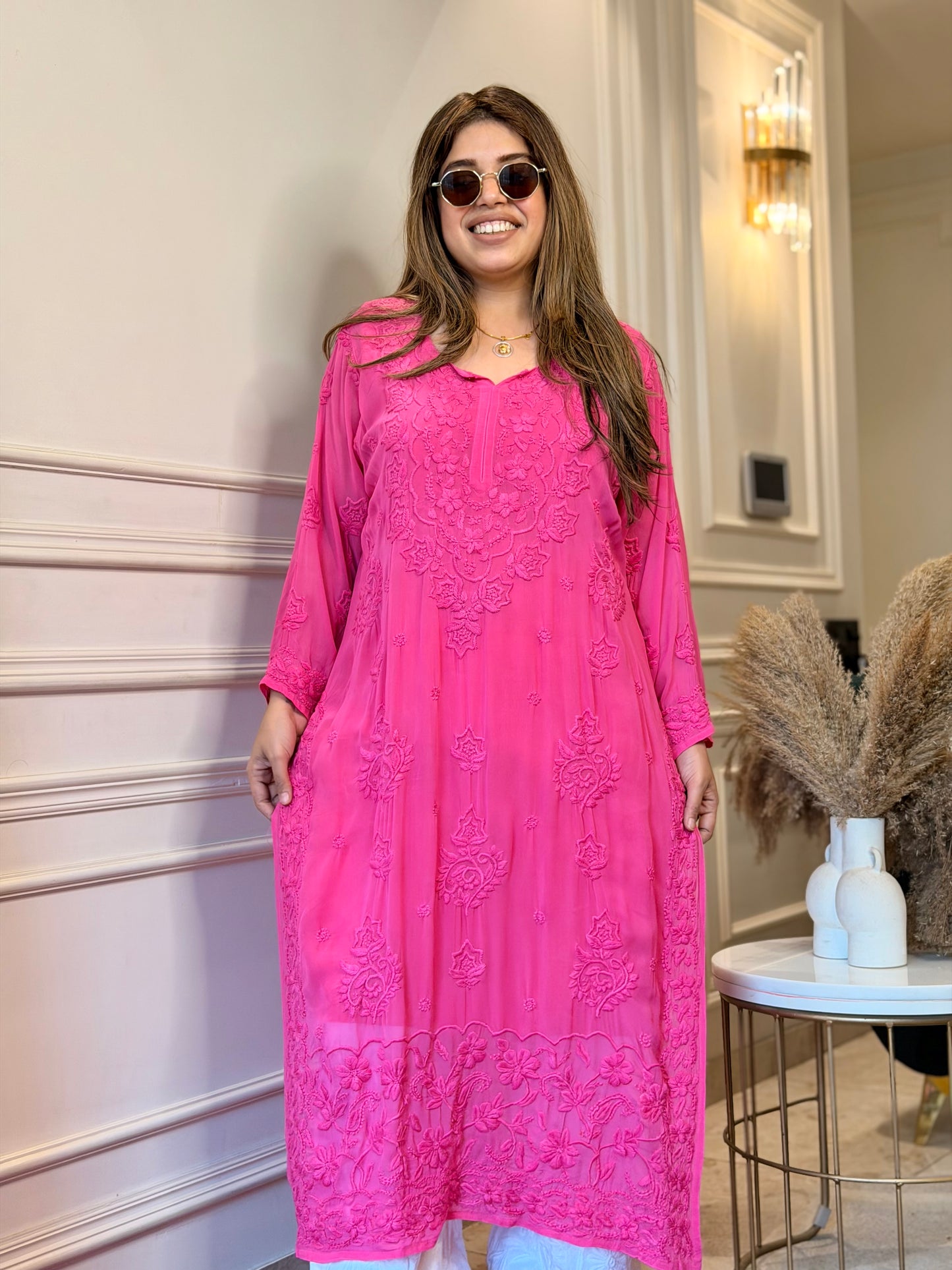 Hand Embroidered 3DChikankari Kurta  | Viscose |  Hot Pink