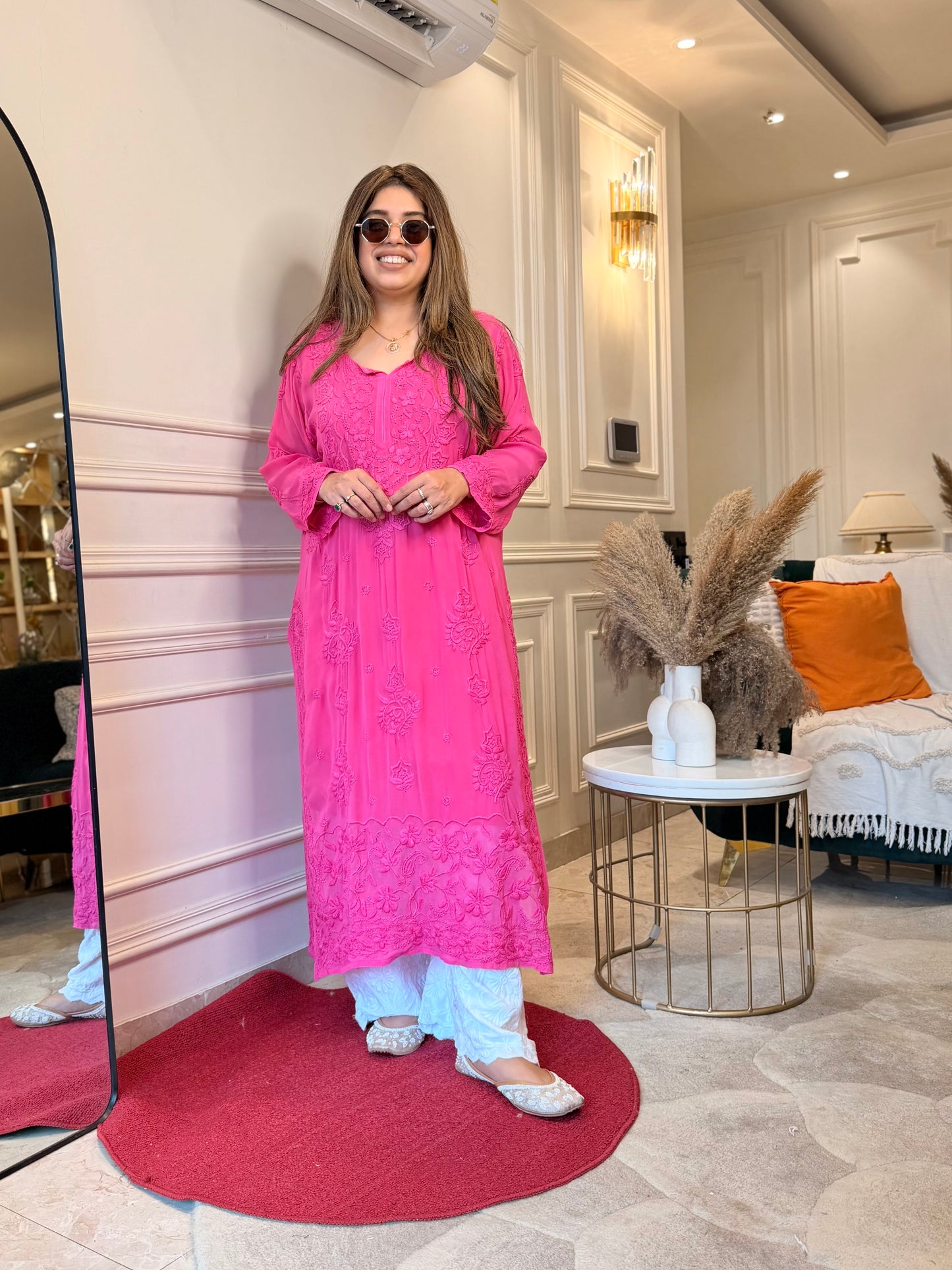 Hand Embroidered 3DChikankari Kurta  | Viscose |  Hot Pink