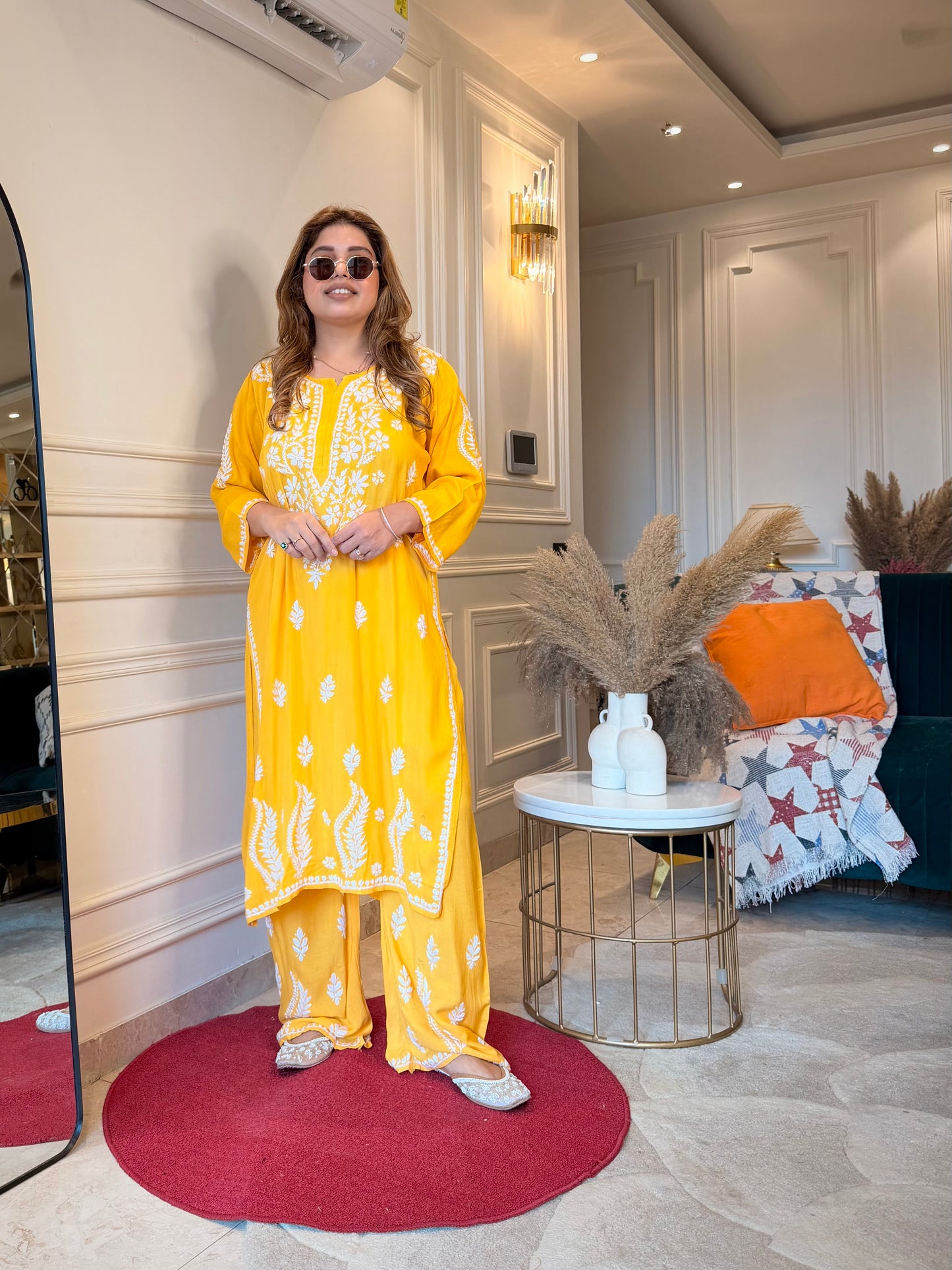 Hand Embroidered Chikankari Kurta set | Modal cotton | Mustard Yellow