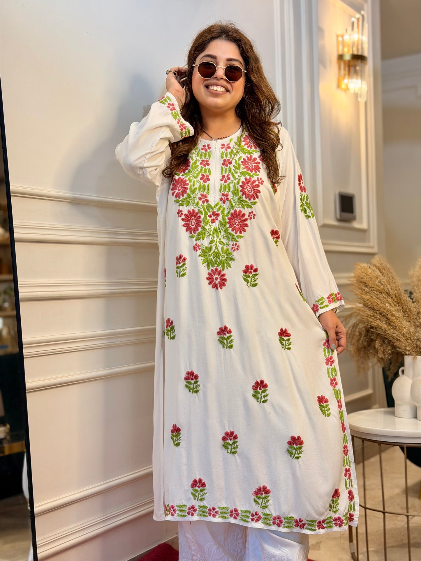 Hand embroidered Chikankari Kurta | Premium Cotton | White with Green & Pink