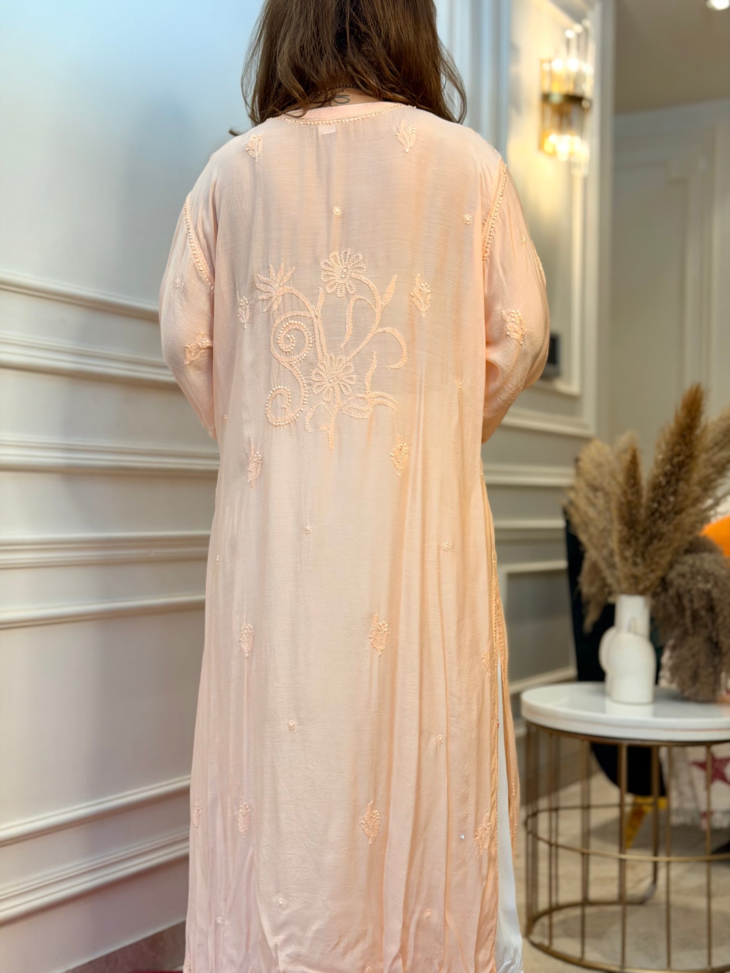 Hand Embroidered Chikankari Kurta  | Premium Muslin | Peach